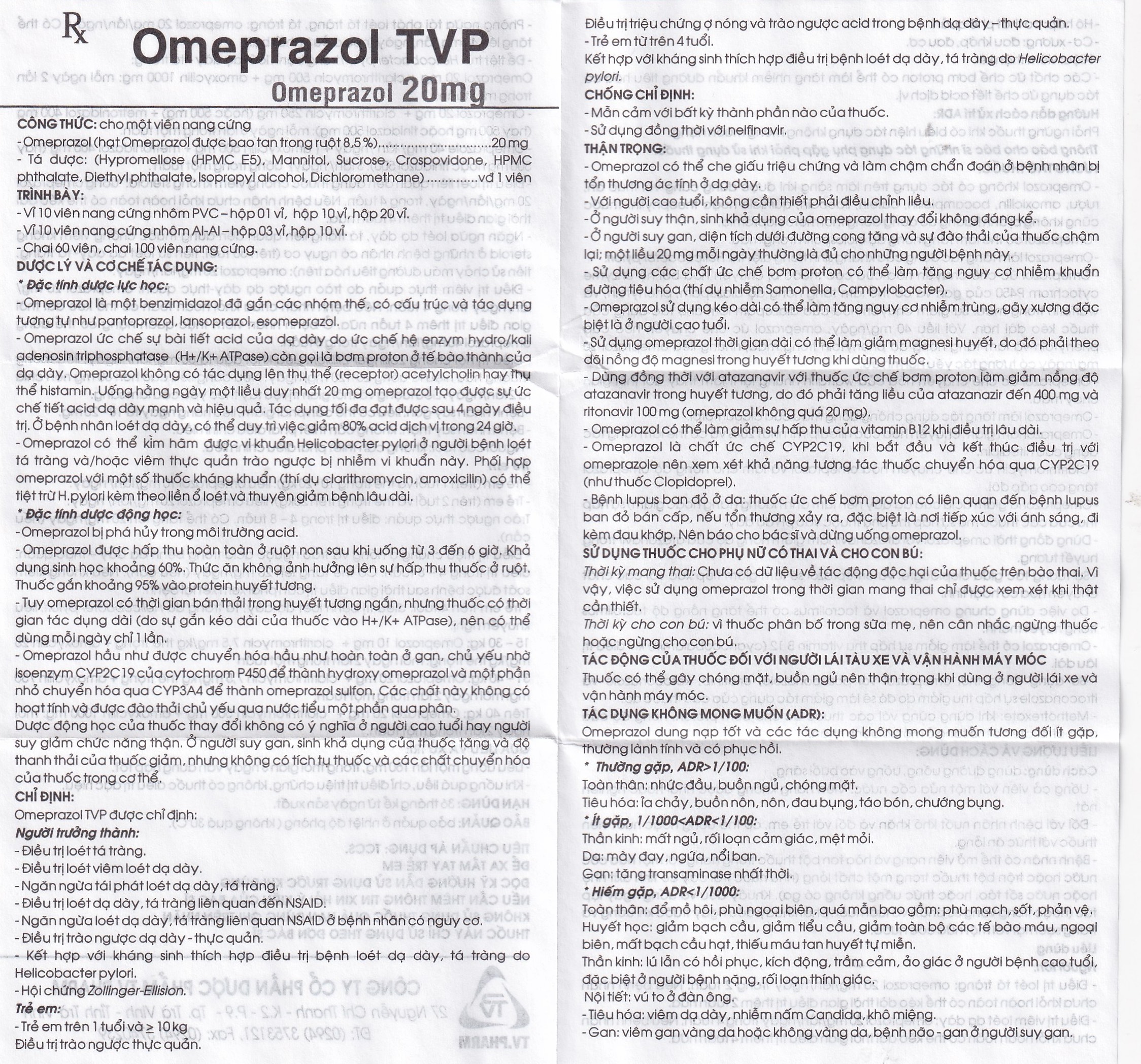 Viên nang cứng Omeprazol TVP 20mg điều trị loét tá tràng, viêm loét dạ dày (3 vỉ x 10 viên) 