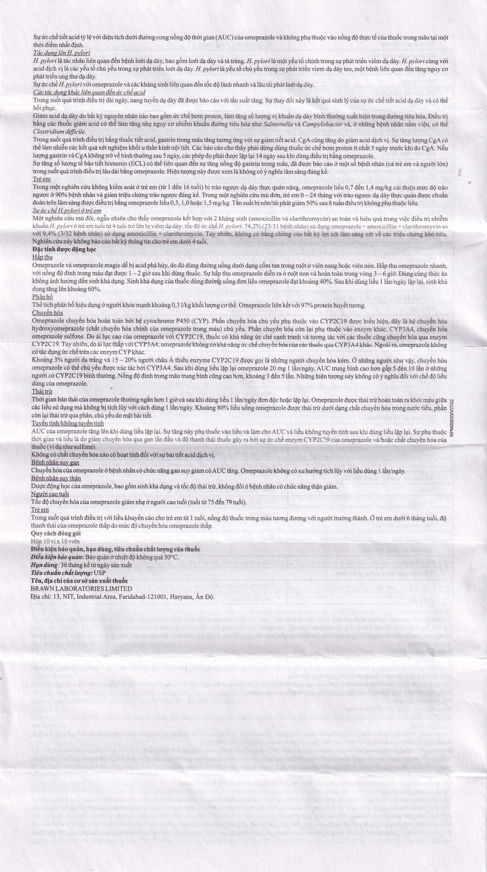 Thuốc Omeprazole 20mg Delayed Release Brawn điều trị loét dạ dày tá tràng (10 vỉ x 10 viên)