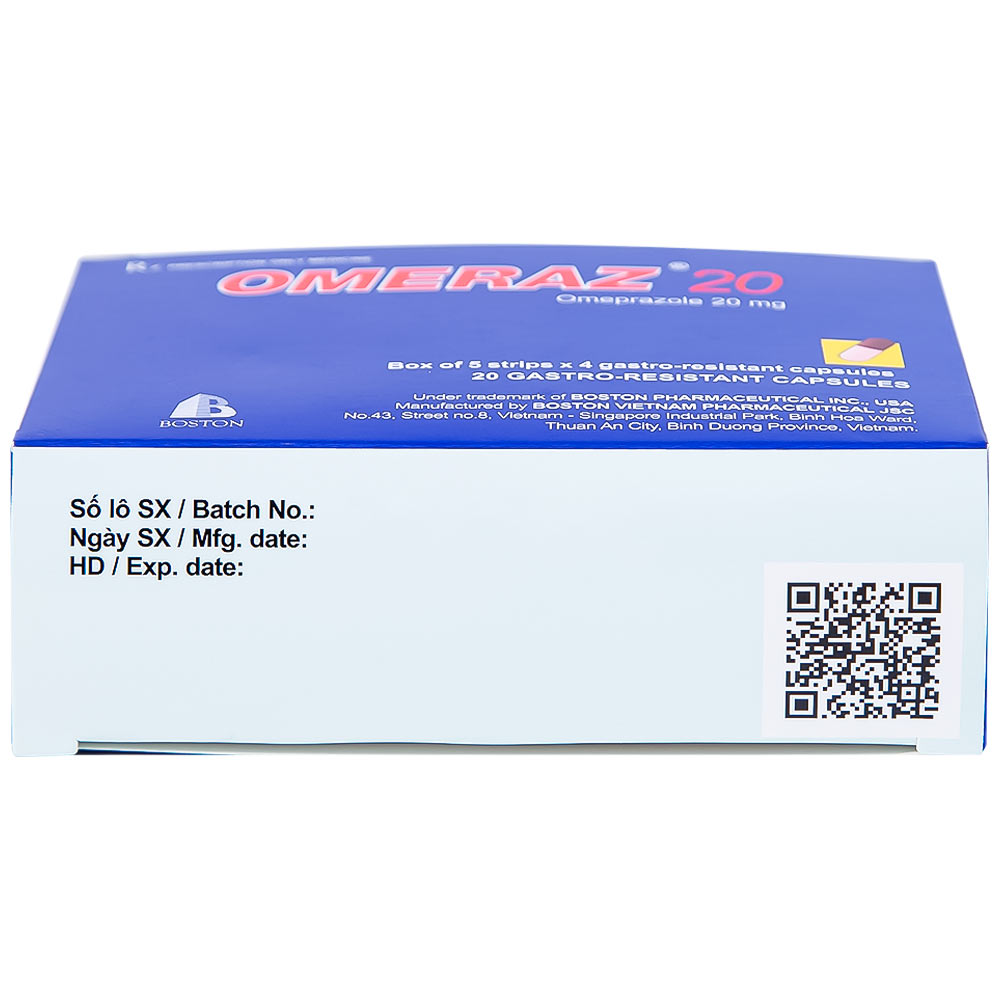 Viên nang Omeraz 20 Boston điều trị và dự phòng tái phát loét dạ dày, tá tràng (5 vỉ x 4 viên) 