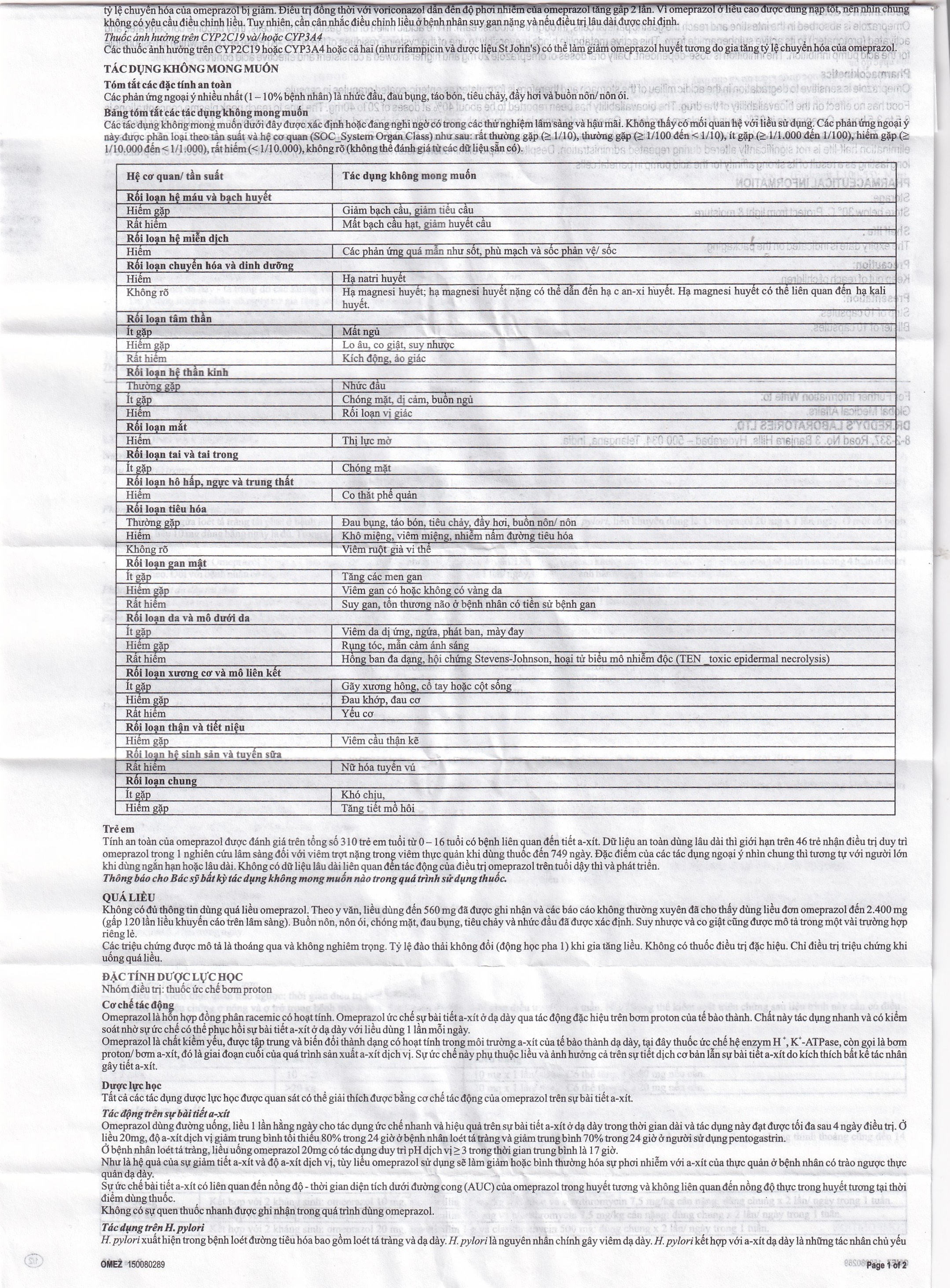 Viên nang cứng Omez 20mg Dr.Reddy's điều trị và dự phòng tái phát loét tá tràng (2 vỉ x 10 viên)
