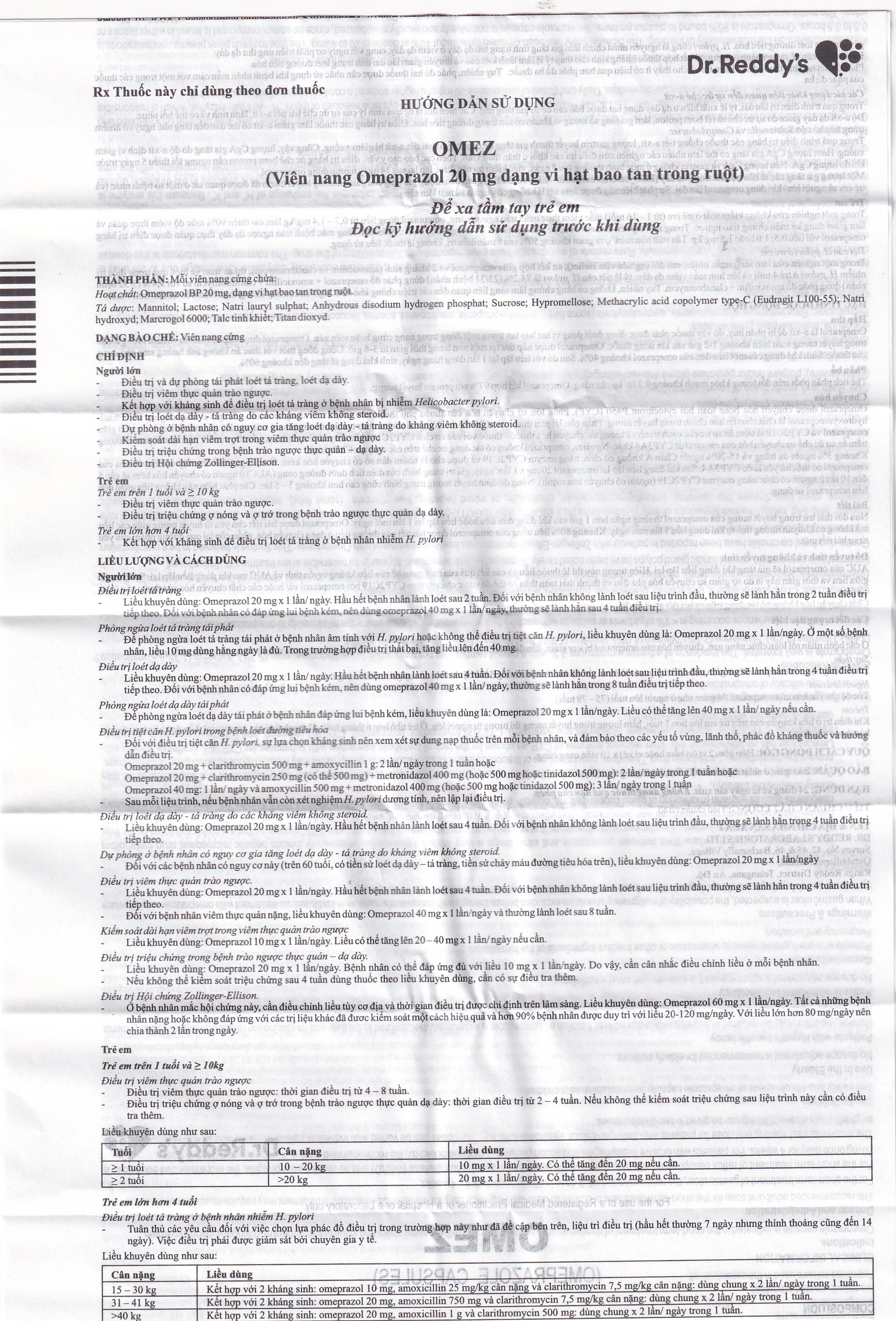 Viên nang cứng Omez 20mg Dr.Reddy's điều trị và dự phòng tái phát loét tá tràng (2 vỉ x 10 viên)