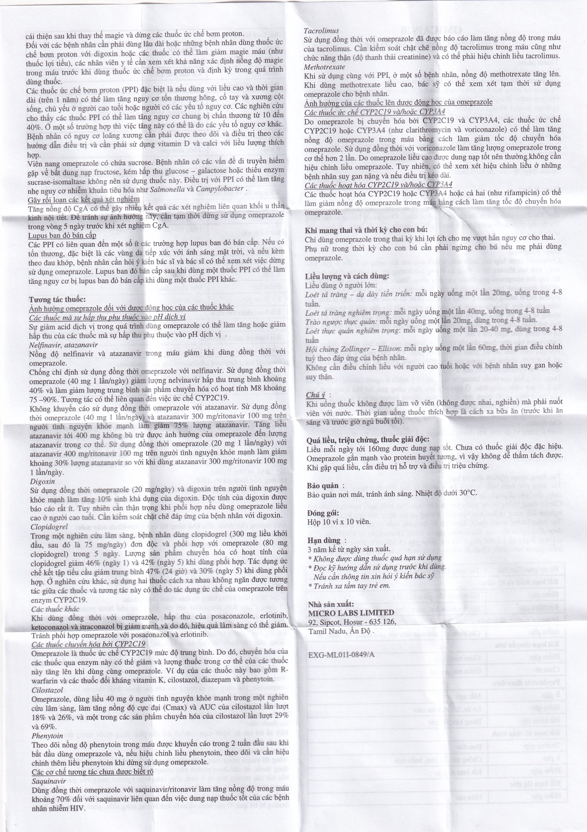 Thuốc Omicap-20 Micro điều trị loét tá tràng và dạ dày, hội chứng Zollinger – Ellison, trào ngược thực quản (10 vỉ x 10 viên)