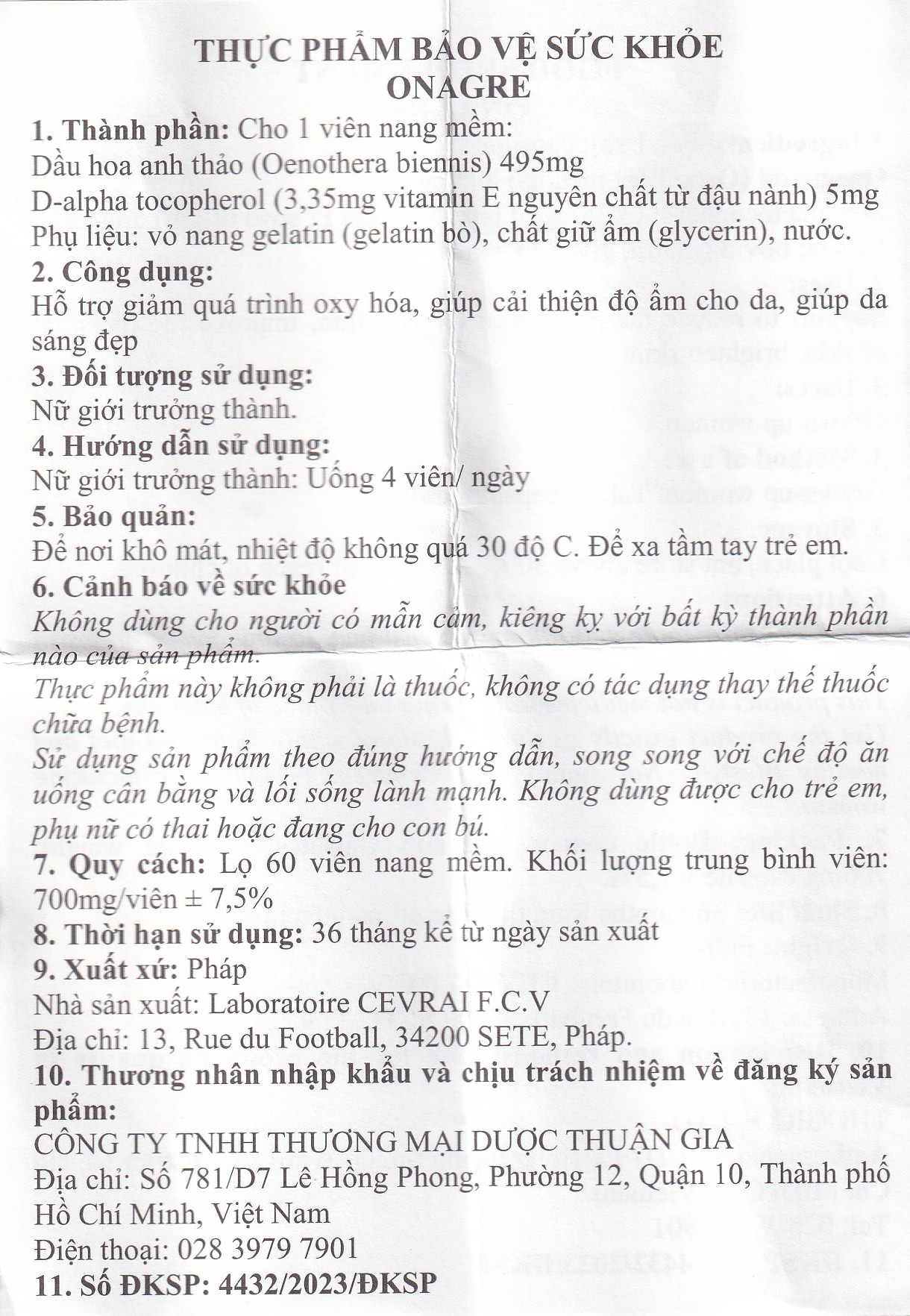 Viên uống giúp da sáng đẹp, giảm quá trình oxy hóa, cải thiện độ ẩm cho da Onagre Cevrai (60 viên)