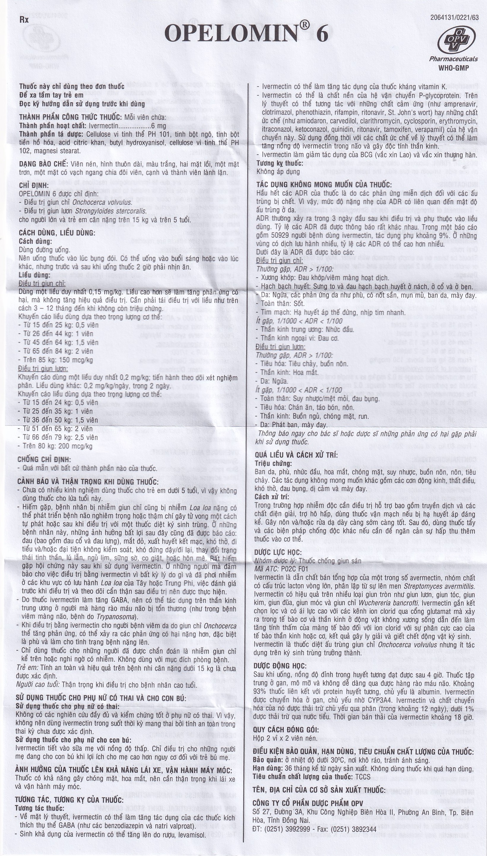 Viên nén Opelomin 6 OPV điều trị giun chỉ, giun lươn (2 vỉ x 2 viên)