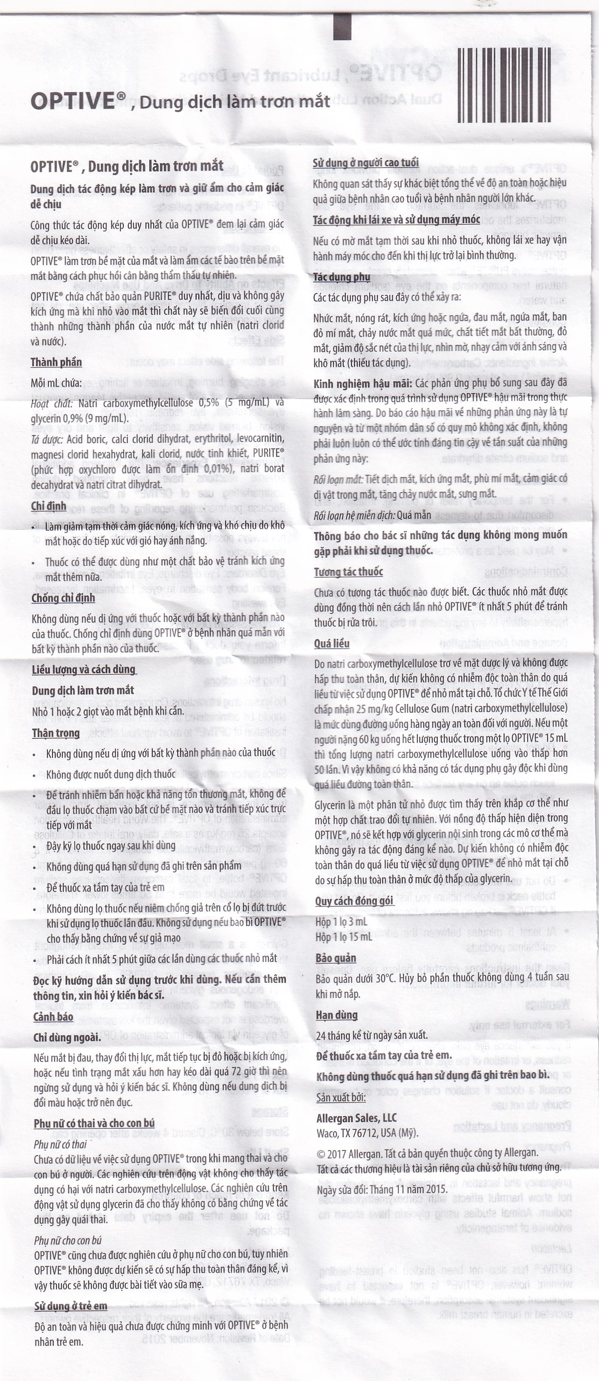 Thuốc nhỏ mắt Optive Allergan giảm nóng, kích ứng và khó chịu do khô mắt (15ml)