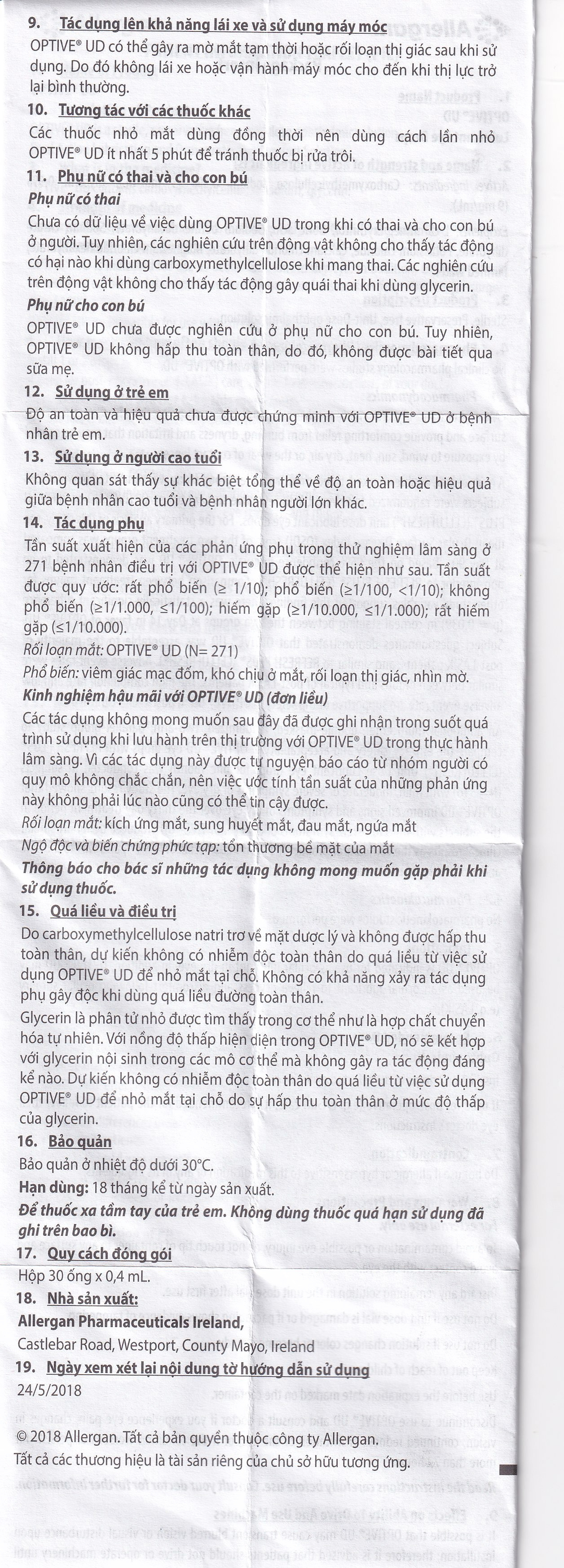 Thuốc nhỏ mắt Optive UD Allergan làm trơn mắt, giảm triệu chứng khô mắt (30 ống x 0.4ml)