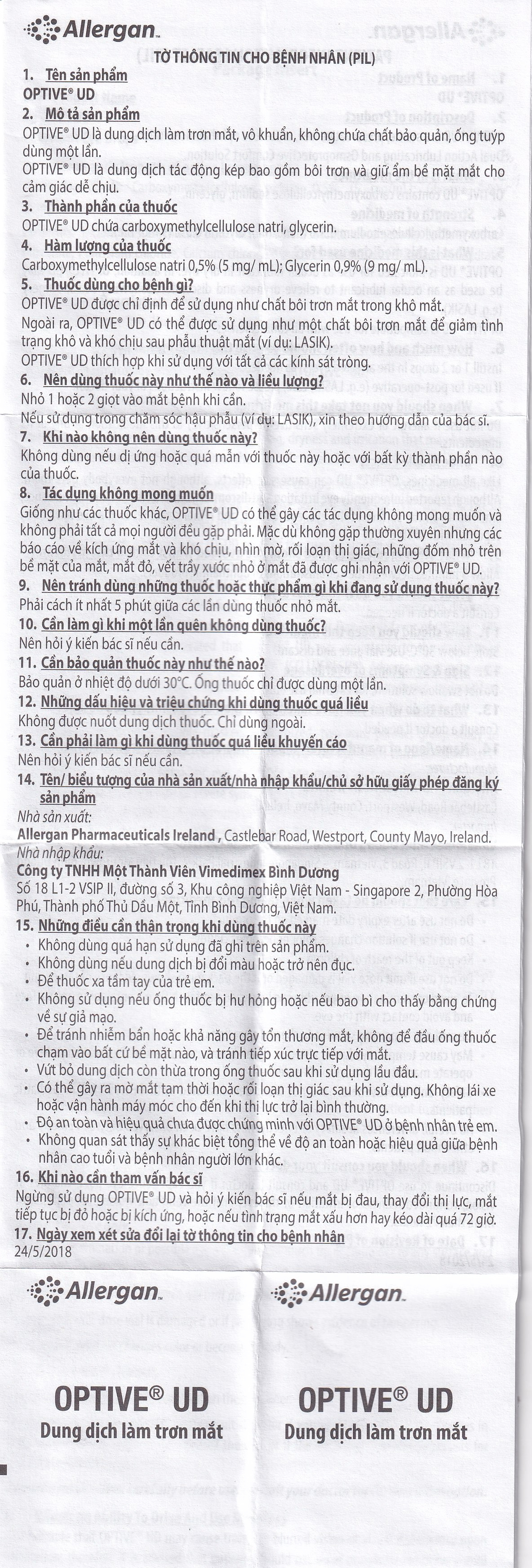 Thuốc nhỏ mắt Optive UD Allergan làm trơn mắt, giảm triệu chứng khô mắt (30 ống x 0.4ml)