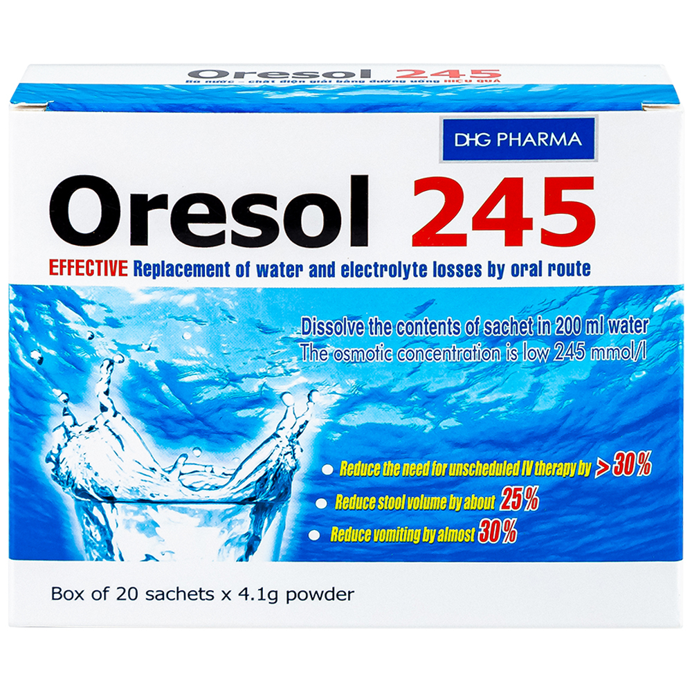 Bột pha uống Oresol 245 DHG Pharma bù nước, bổ sung chất điện giải, điều trị mất nước do tiêu chảy (20 gói x 4.1g)