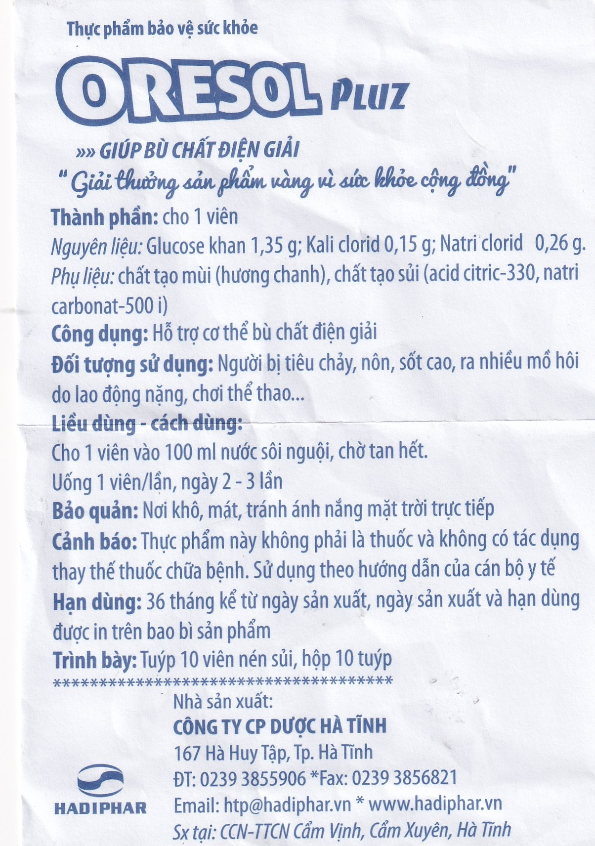 Viên sủi giúp bù chất điện giải Oresol Pluz Hadiphar (10 viên)