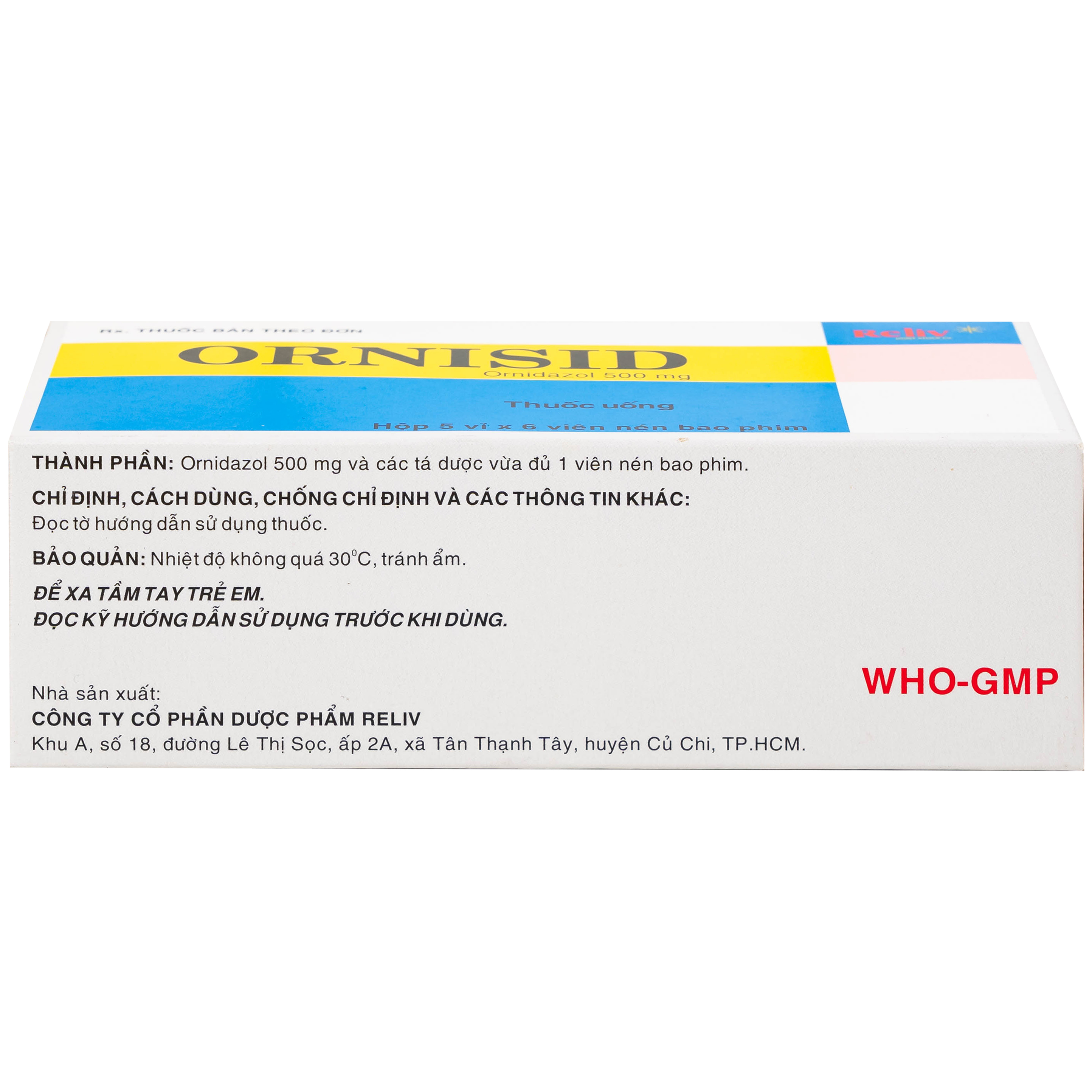 Thuốc Ornisid 500mg Reliv điều trị nhiễm amip ở ruột và gan (5 vỉ x 6 viên)