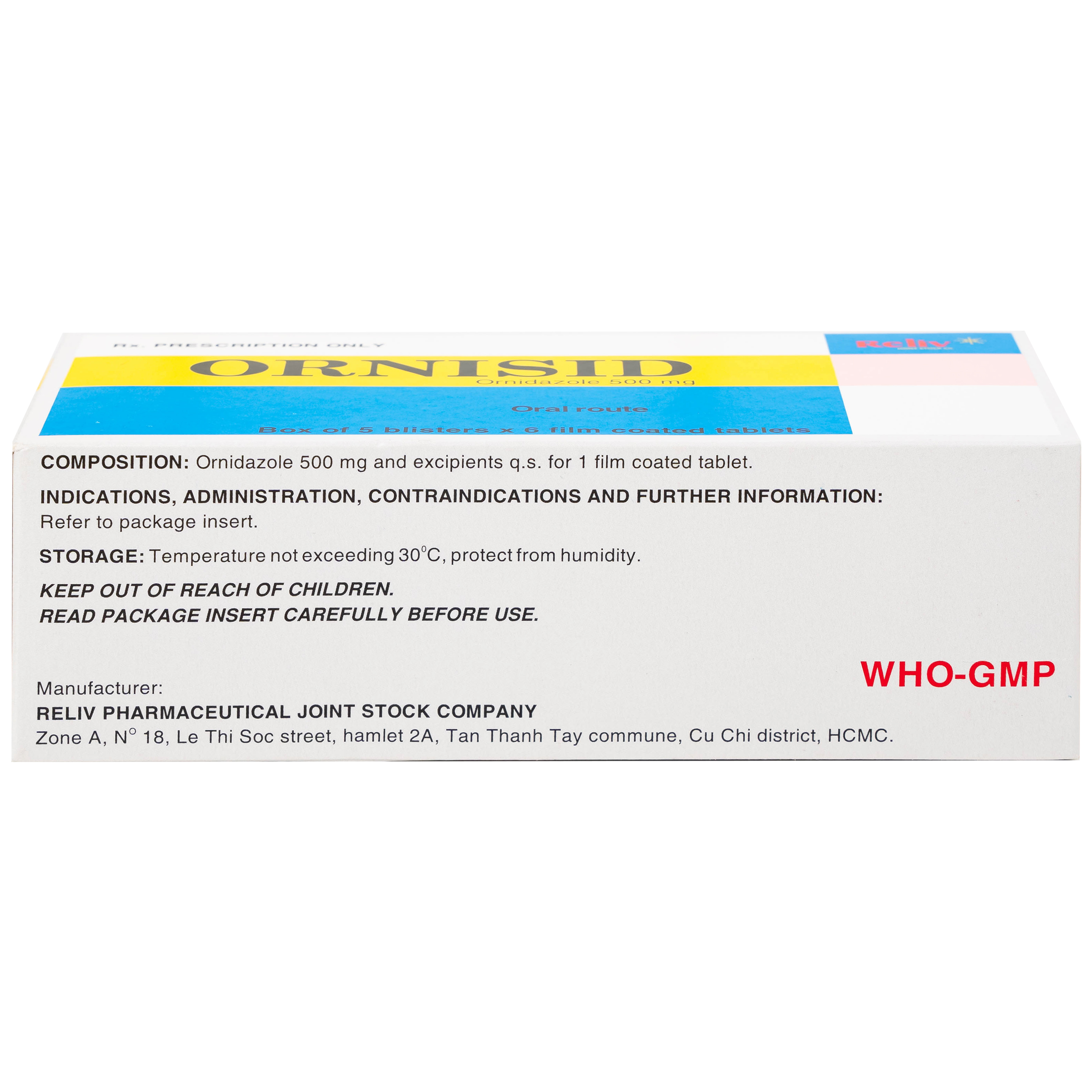 Thuốc Ornisid 500mg Reliv điều trị nhiễm amip ở ruột và gan (5 vỉ x 6 viên)