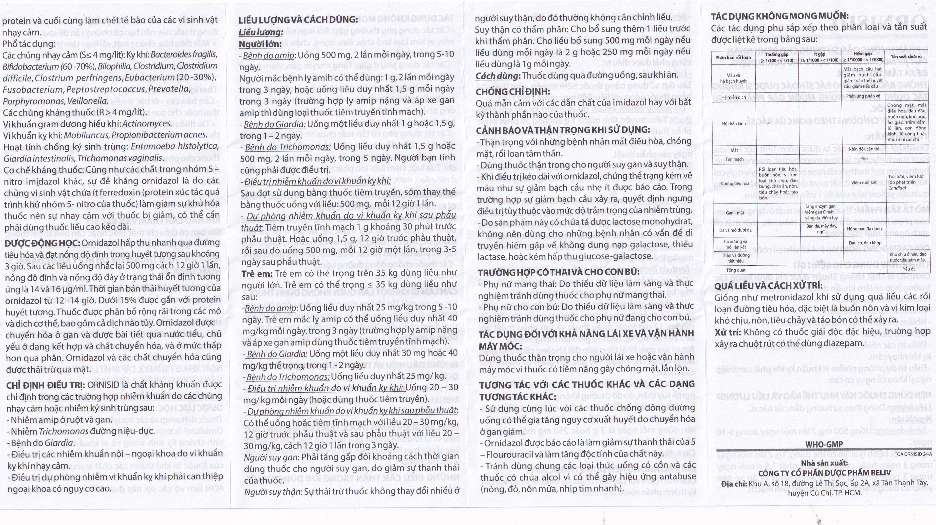 Thuốc Ornisid 500mg Reliv điều trị nhiễm amip ở ruột và gan (5 vỉ x 6 viên)