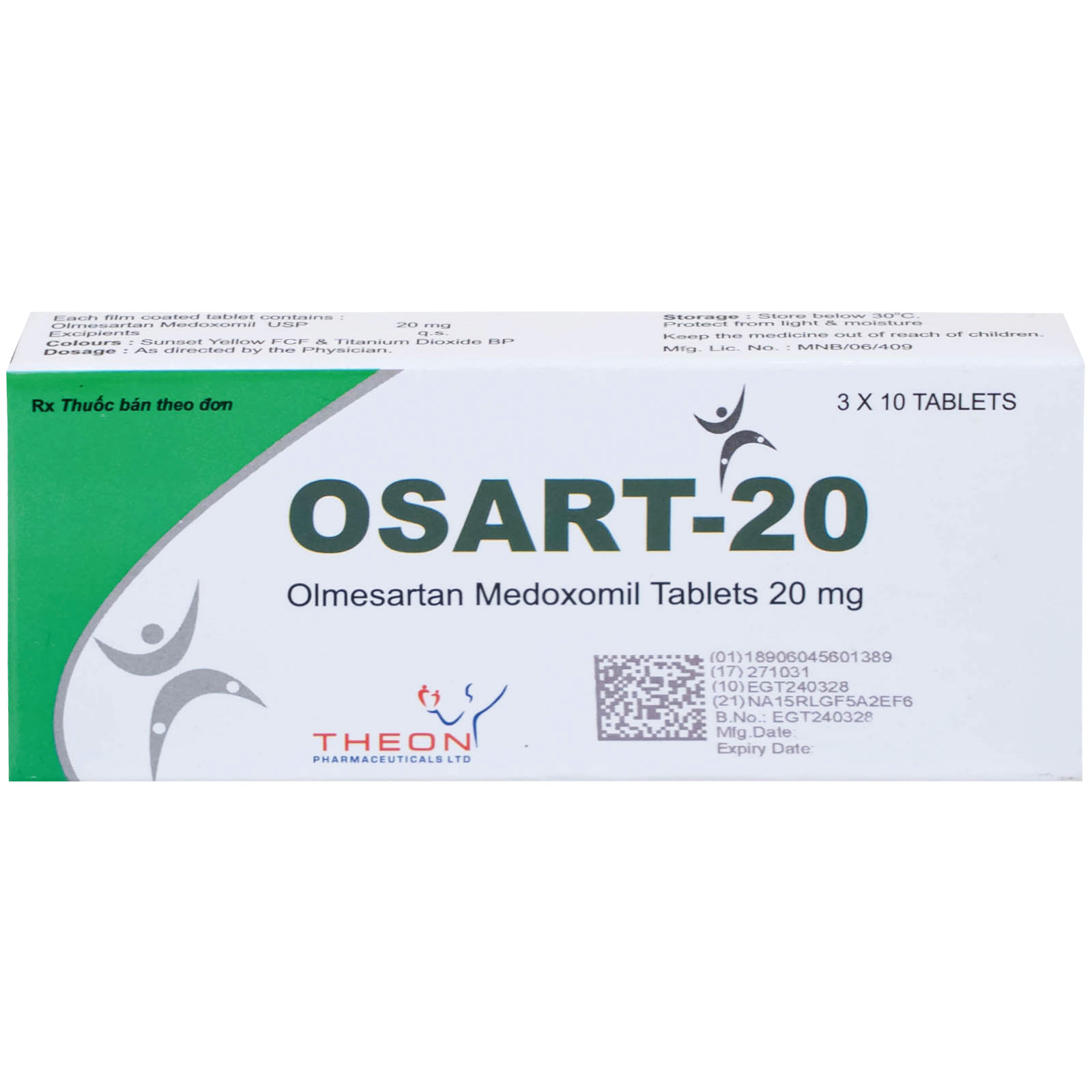 Viên nén Osart-20 Theon Pharma điều trị tăng huyết áp, xơ vữa động mạch (3 vỉ x 10 viên)