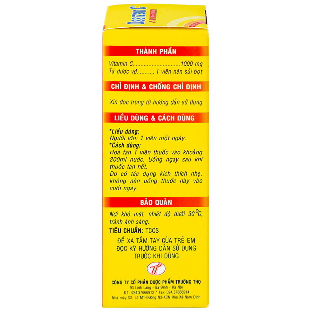 Viên sủi Ossizan C 1000mg Trường Thọ điều trị thiếu hụt vitamin C (10 viên)
