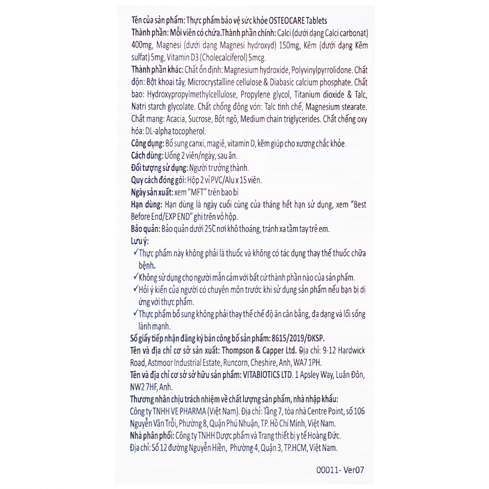 Viên bổ sung canxi khoáng chất chắc xương khoẻ khớp Vitabiotics Osteocare (2 vỉ x 15 viên)