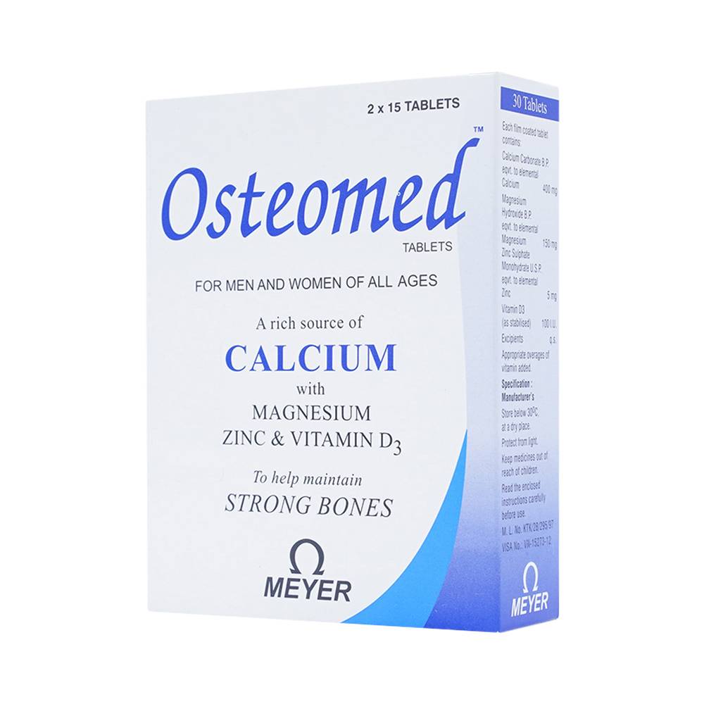 Viên nén Osteomed Meyer bổ sung canxi, Magne, kẽm, vitamin D3 và khoáng chất (2 vỉ x 15 viên)