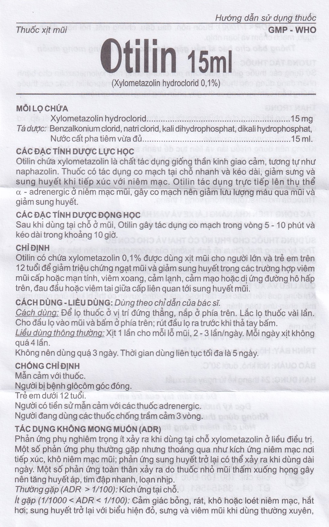 Thuốc xịt mũi Otilin 0.1% Pharbaco giảm ngạt mũi, sung huyết trong viêm mũi (15ml)