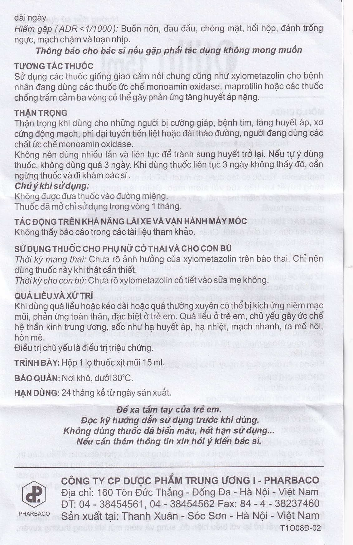 Thuốc xịt mũi Otilin 0.1% Pharbaco giảm ngạt mũi, sung huyết trong viêm mũi (15ml)