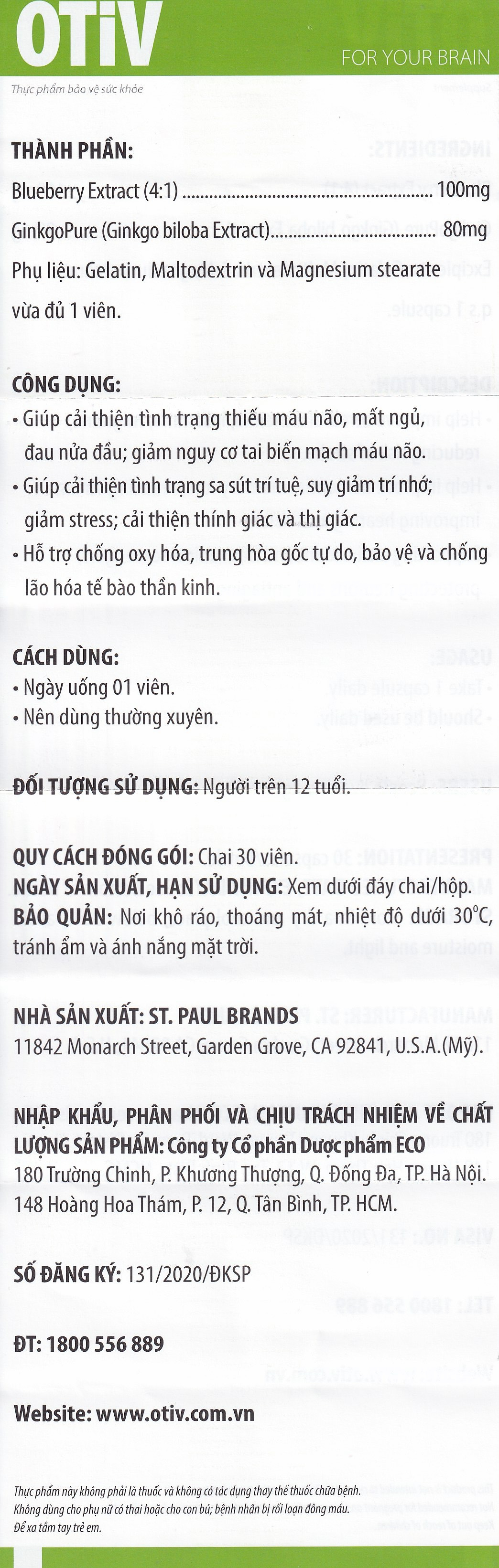Viên uống giúp tăng cường dưỡng chất cho não Ecogreen OTiV (30 viên)