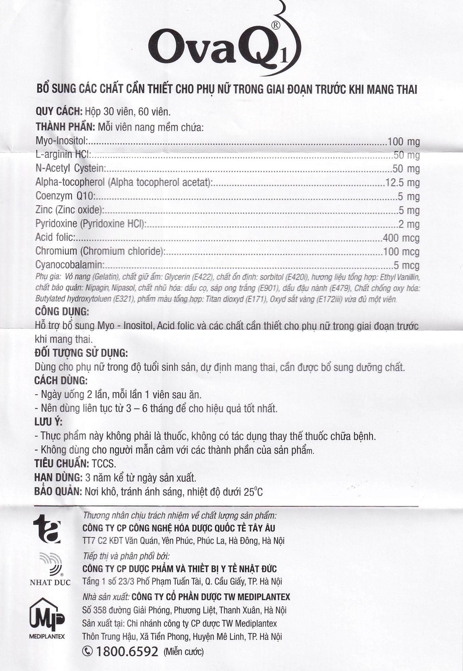 Viên bổ sung Myo Inositol Acid folic phụ nữ trước mang thai OvaQ1 (3 vỉ x 10 viên)