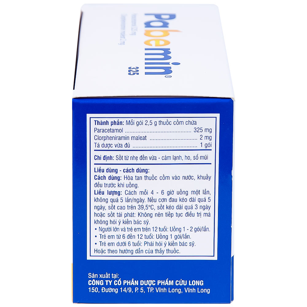 Cốm Pabemin 325 Pharimexco điều trị sốt từ nhẹ đến vừa, cảm lạnh, ho, sổ mũi (30 gói)