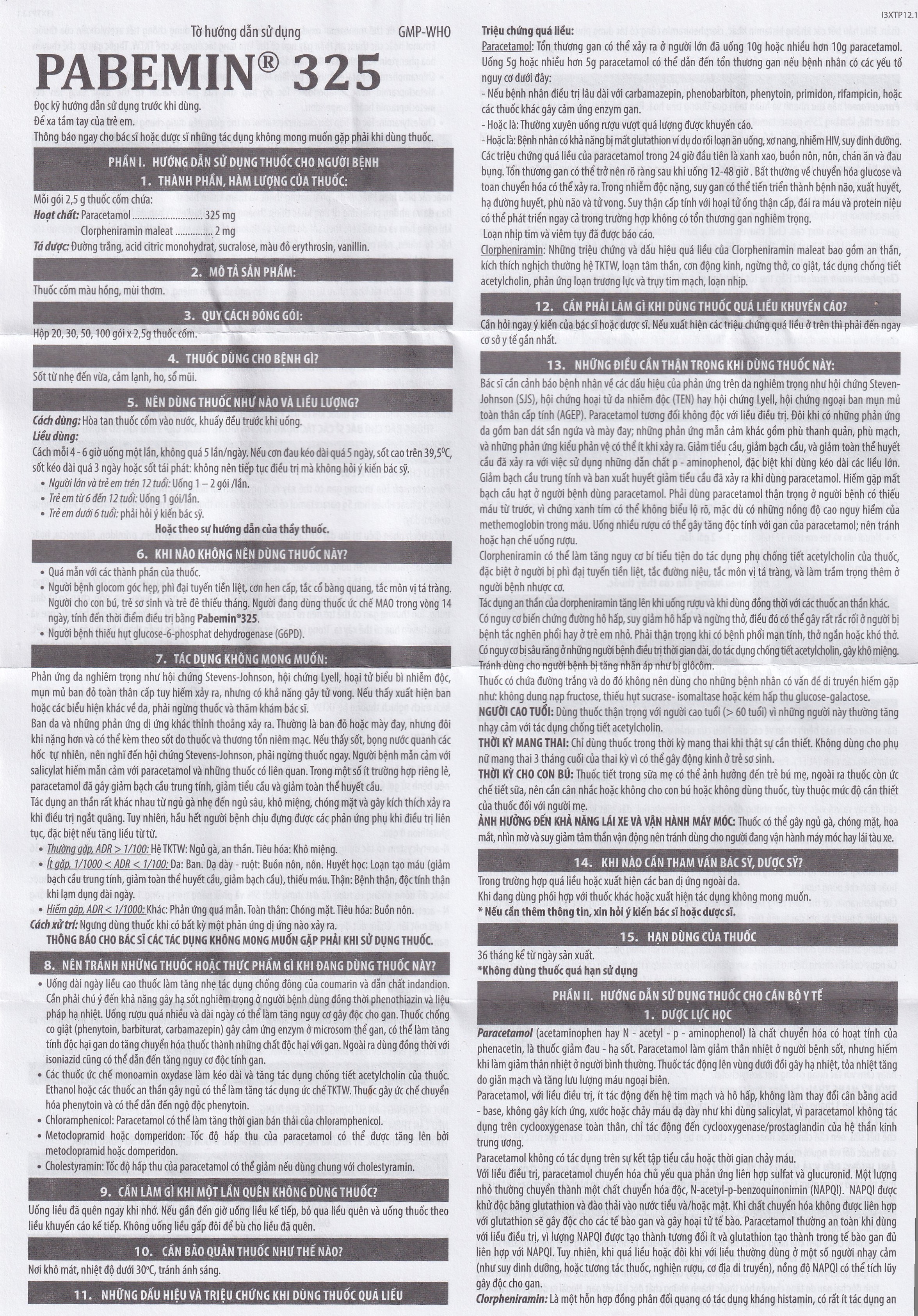 Cốm Pabemin 325 Pharimexco điều trị sốt từ nhẹ đến vừa, cảm lạnh, ho, sổ mũi (30 gói)