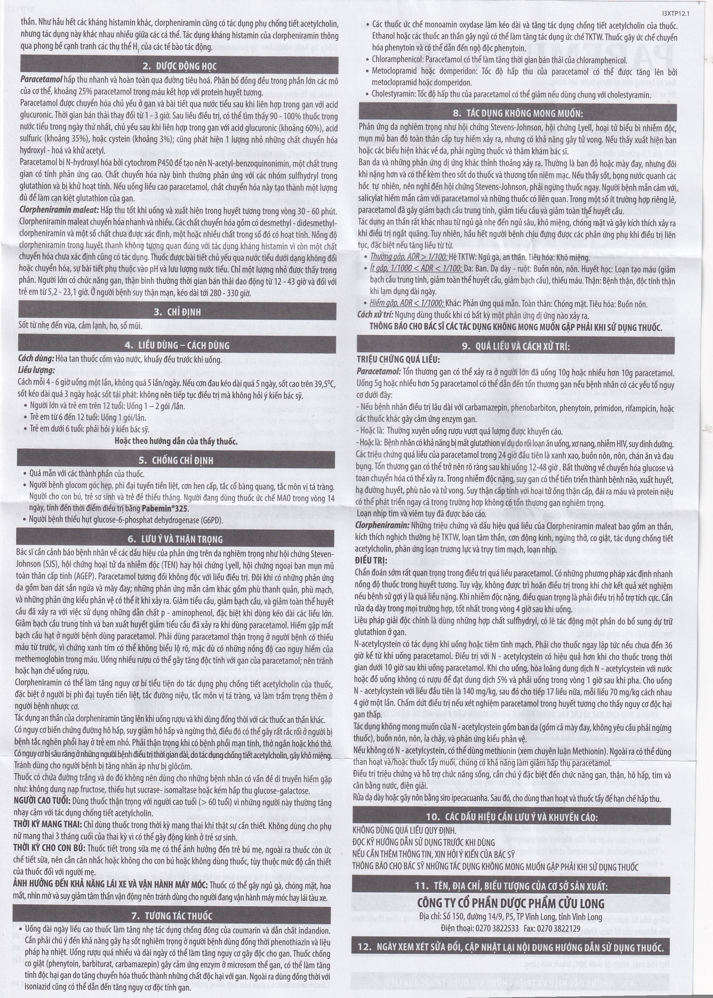 Cốm Pabemin 325 Pharimexco điều trị sốt từ nhẹ đến vừa, cảm lạnh, ho, sổ mũi (30 gói)