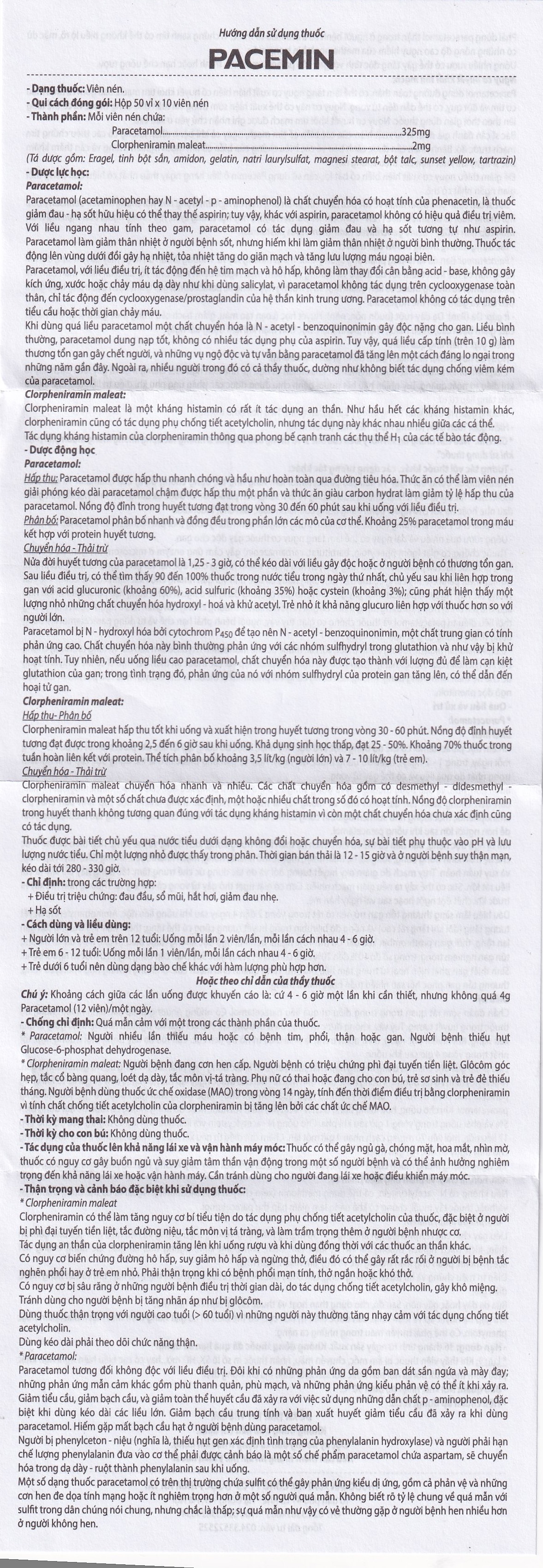 Viên nén Pacemin Hataphar điều trị triệu chứng đau đầu, sổ mũi, hắt hơi, giảm đau nhẹ (50 vỉ x 10 viên)