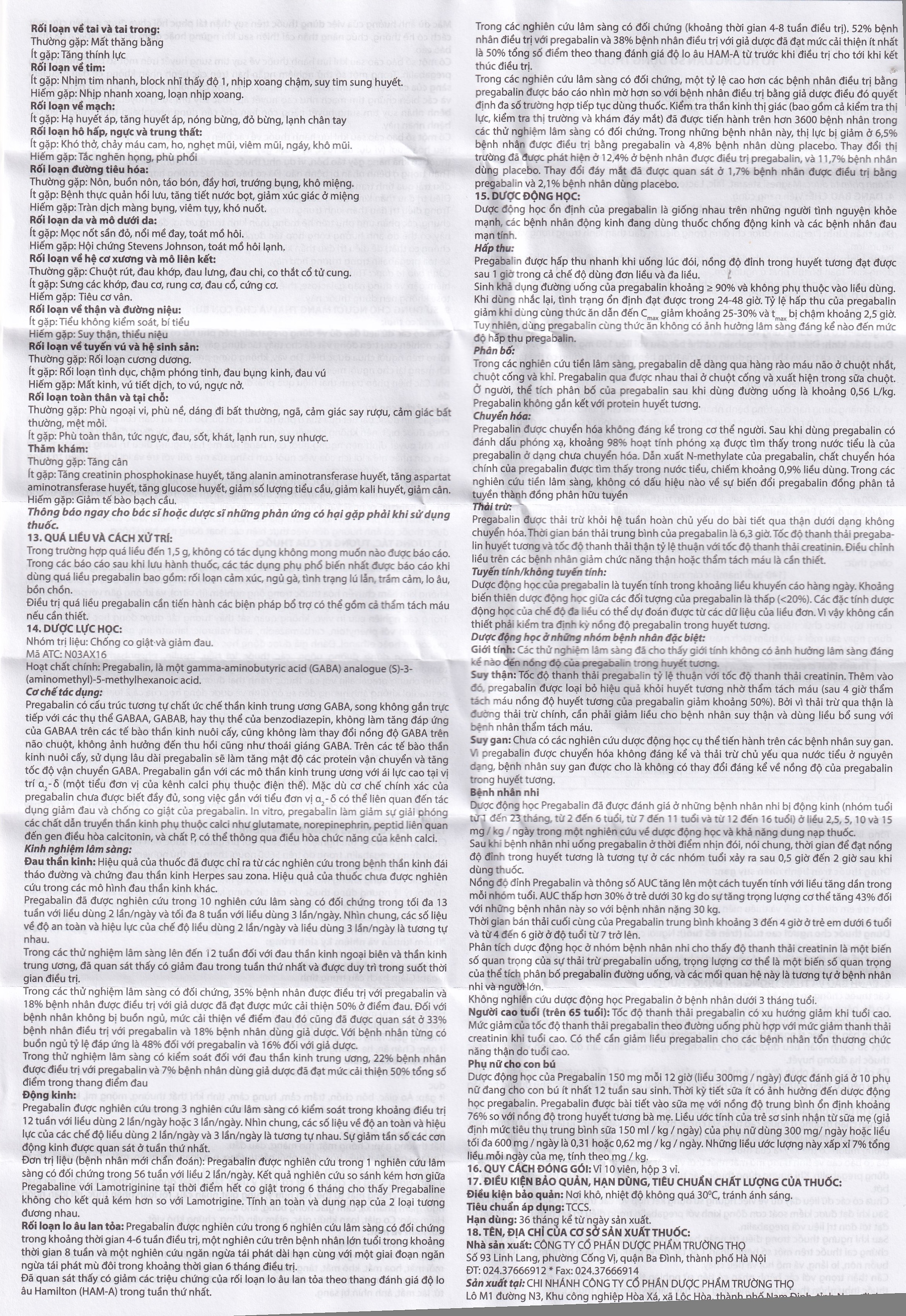 Viên nang cứng Pagalin 75mg Trường Thọ điều trị đau thần kinh, động kinh (3 vỉ x 10 viên)