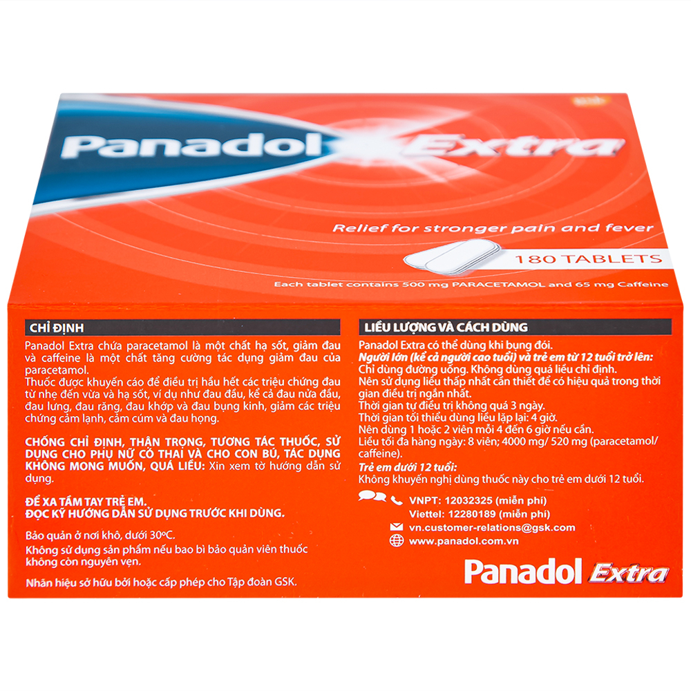 Viên nén Panadol Extra đỏ GSK giảm mạnh các cơn đau, hạ sốt, điều trị đau đầu, đau lưng (15 vỉ x 12 viên)