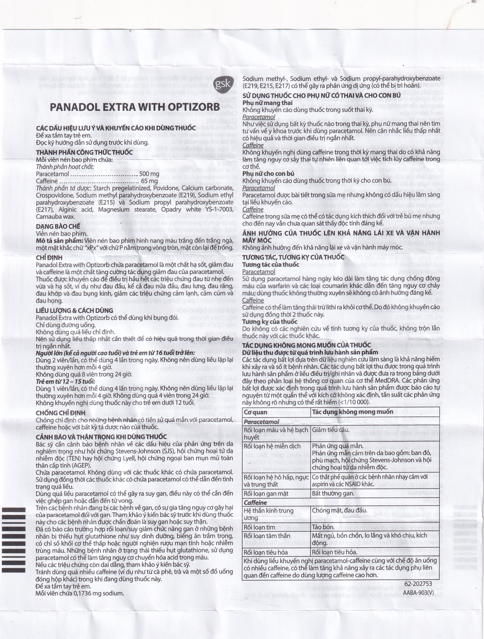 Viên nén Panadol Extra With Optizorb GSK giảm đau, hạ sốt nhanh, không gây buồn ngủ (12 vỉ x 10 viên)