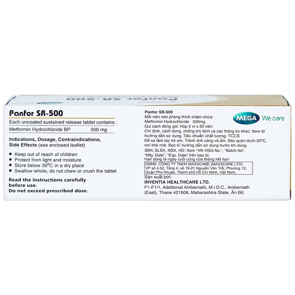 Viên nén Panfor SR-500 MEGA We Care điều trị bệnh đái tháo đường típ 2 (5 vỉ x 20 viên)