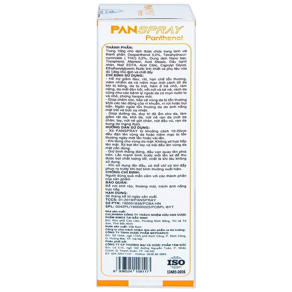 Xịt dưỡng ẩm, giảm viêm da Panspray Panthenol Nano Bạc Bimex 130g
