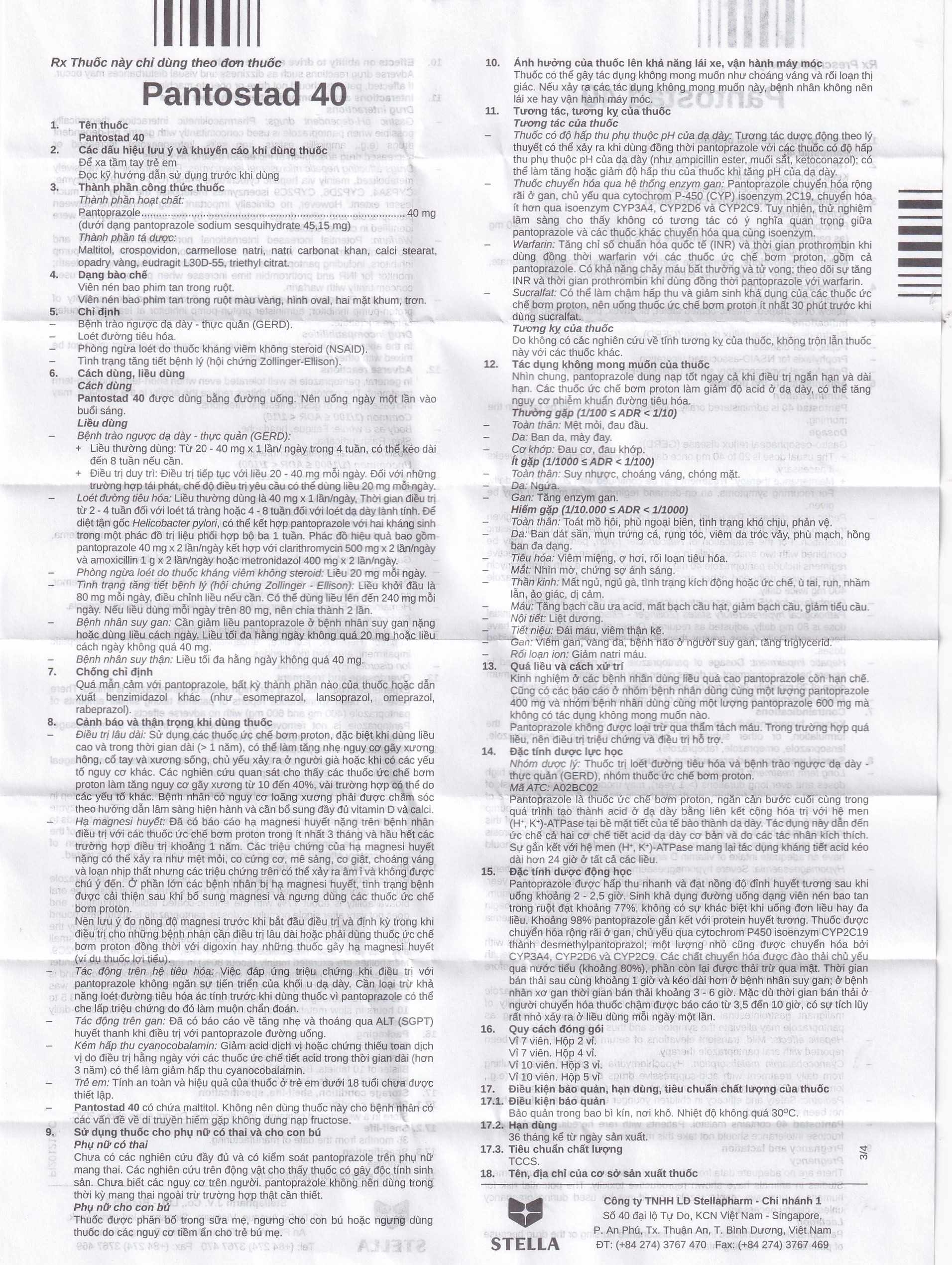 Viên nén Pantostad 40 Stella điều trị trào ngược dạ dày thực quản (4 vỉ x 7 viên)