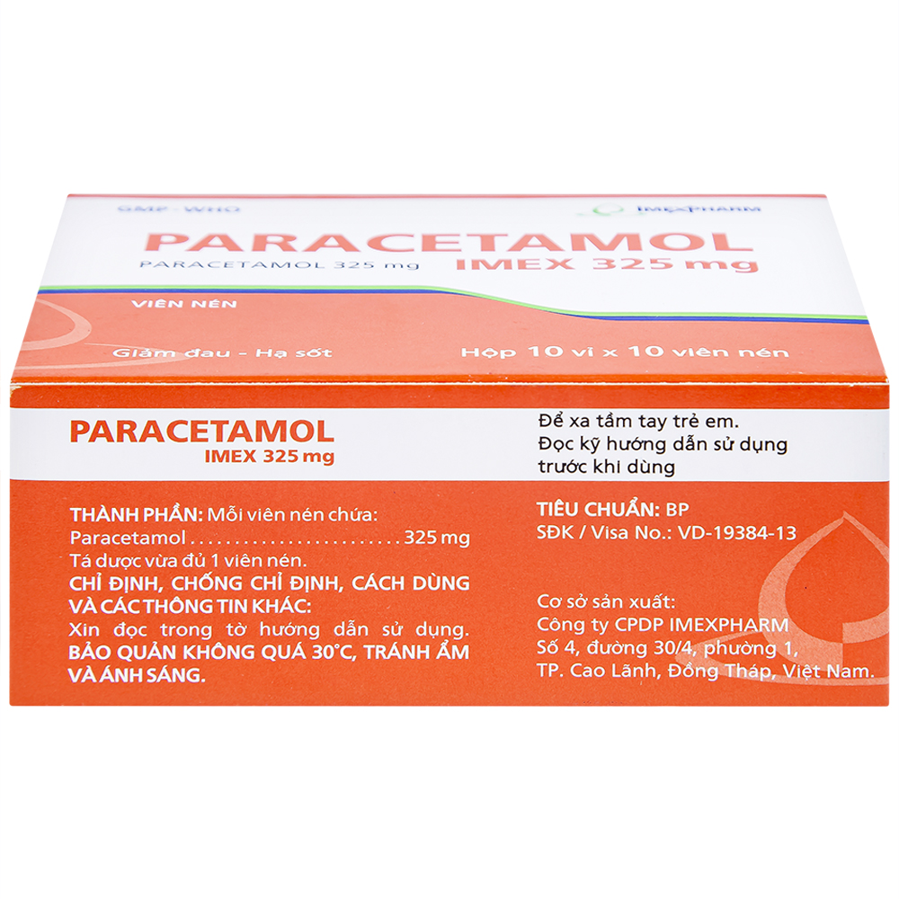 Viên nén Paracetamol Imex 325mg giảm nhức đầu, nhức răng, đau nhức bắp thịt (10 vỉ x 10 viên)
