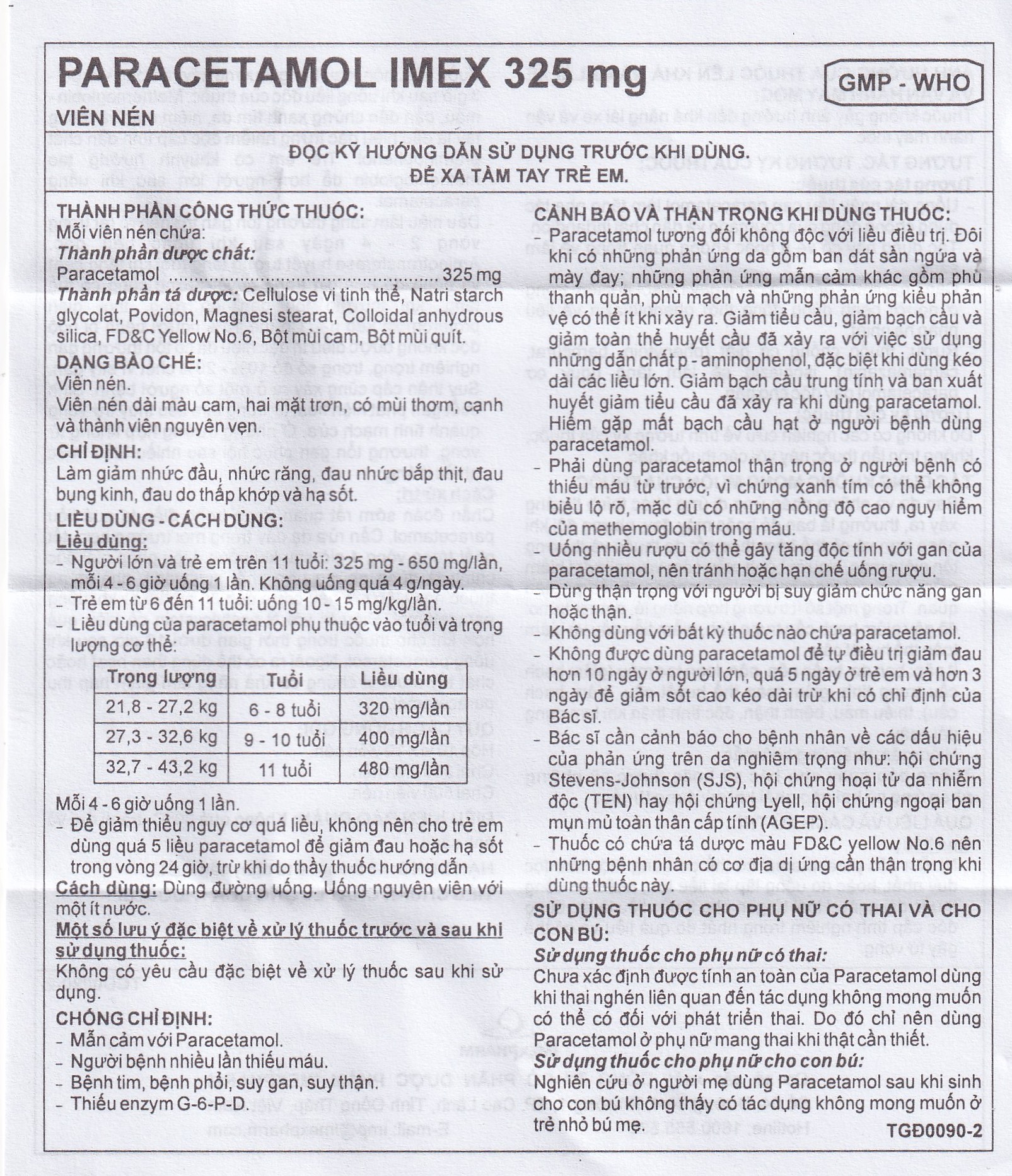 Viên nén Paracetamol Imex 325mg giảm nhức đầu, nhức răng, đau nhức bắp thịt (10 vỉ x 10 viên)