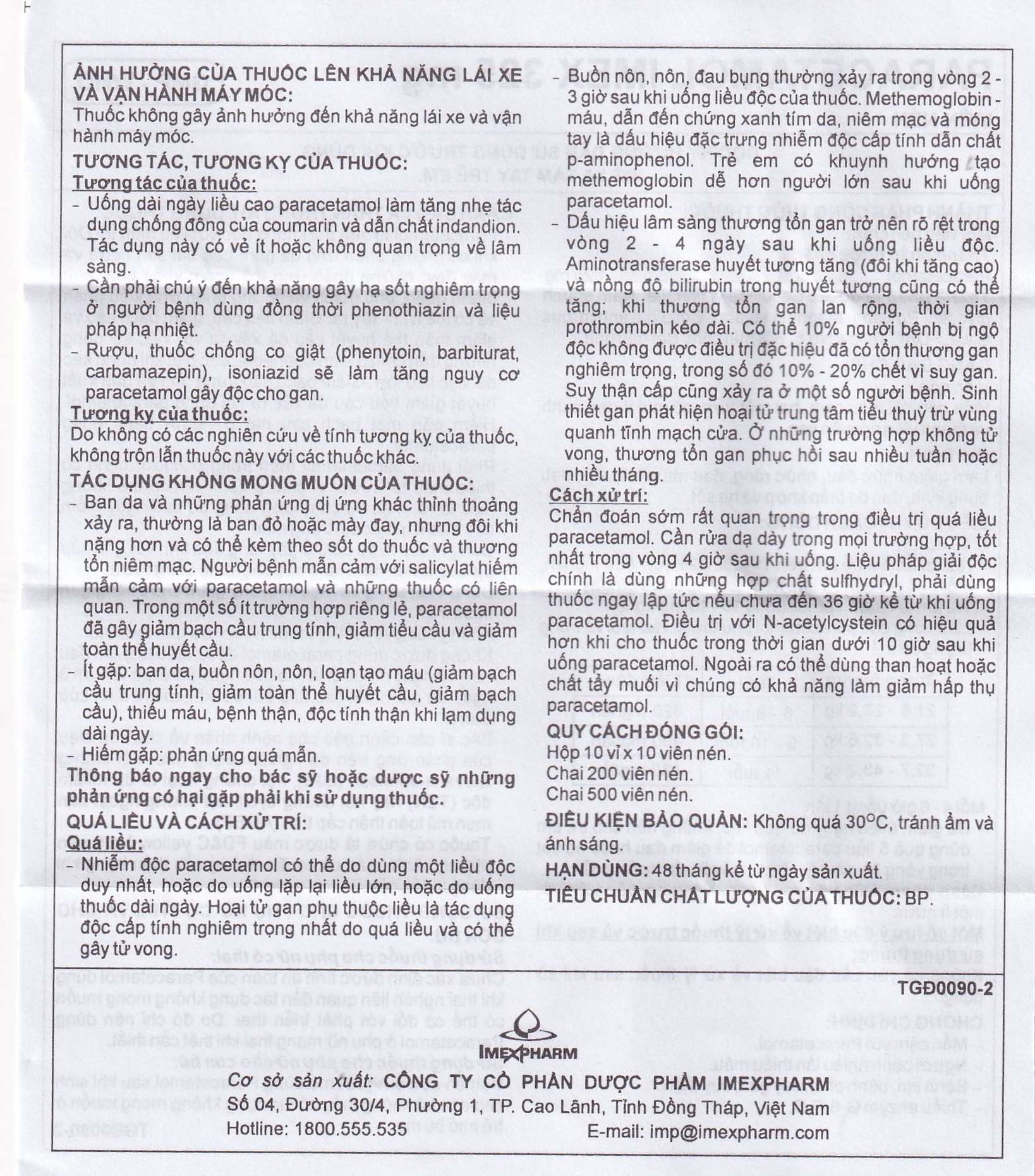 Viên nén Paracetamol Imex 325mg giảm nhức đầu, nhức răng, đau nhức bắp thịt (10 vỉ x 10 viên)