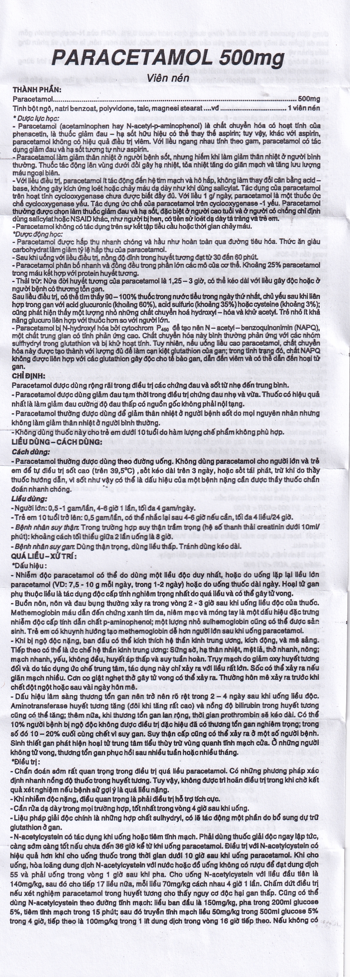Viên nén Paracetamol 500mg Armepharco điều trị các chứng đau và sốt (10 vỉ x 10 viên) 