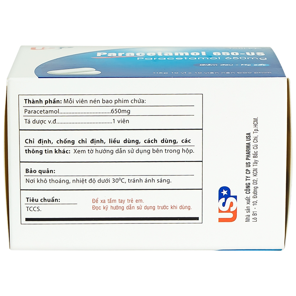 Thuốc Paracetamol 650mg US Pharma giảm đau, hạ sốt, giảm chứng nhức đầu, đau răng (10 vỉ x 10 viên)