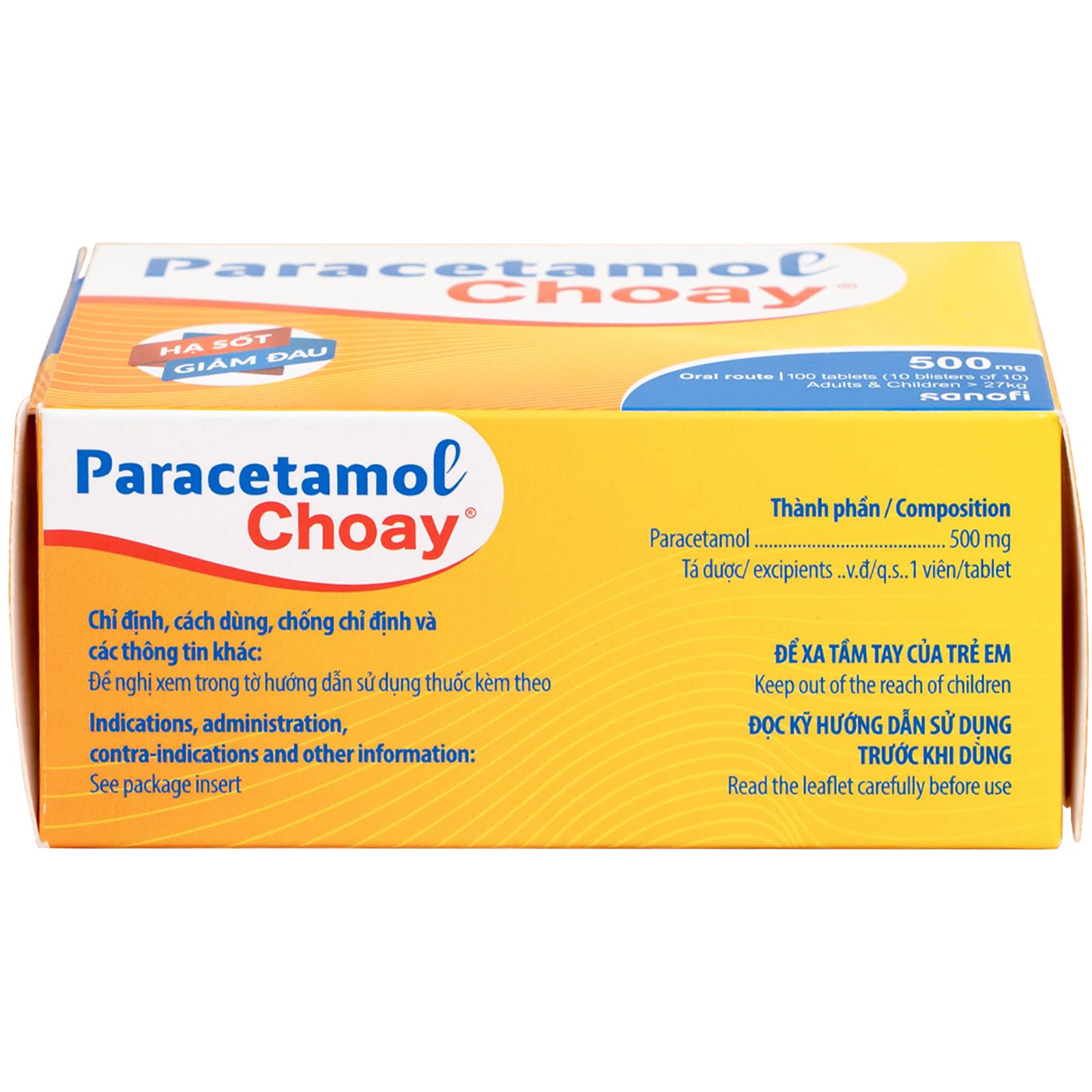 Viên nén Paracetamol Choay 500mg Sanofi điều trị triệu chứng đau từ nhẹ đến vừa, sốt (10 vỉ x 10 viên)
