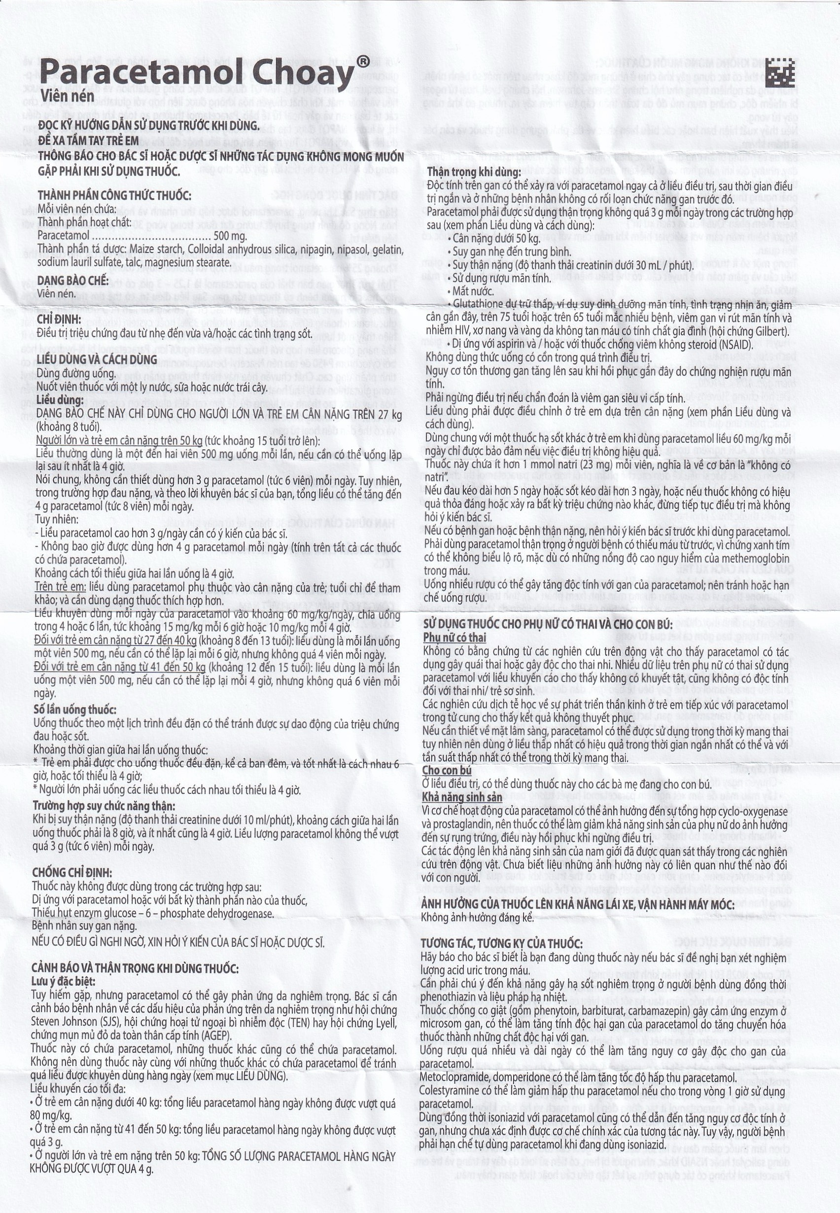 Viên nén Paracetamol Choay 500mg Sanofi điều trị triệu chứng đau từ nhẹ đến vừa, sốt (10 vỉ x 10 viên)