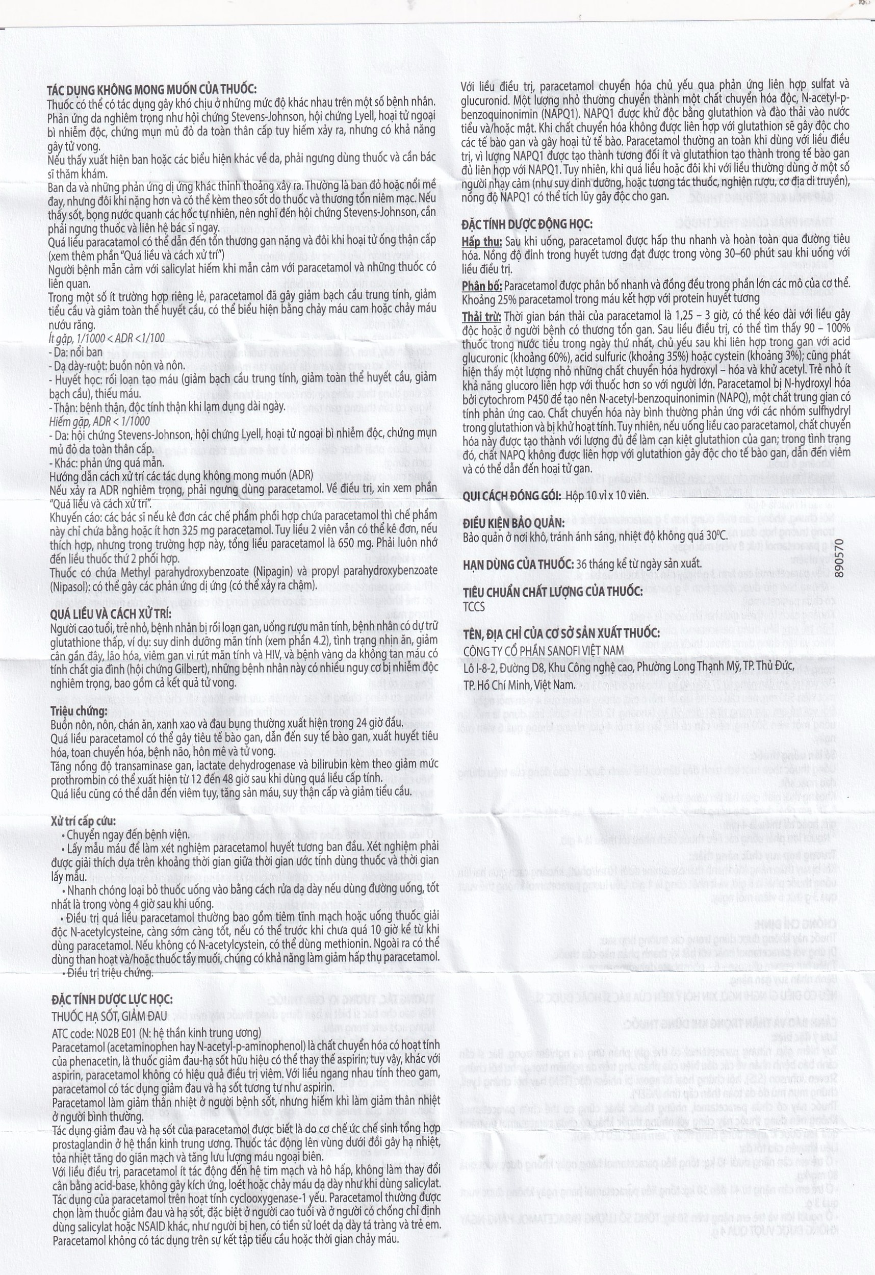 Viên nén Paracetamol Choay 500mg Sanofi điều trị triệu chứng đau từ nhẹ đến vừa, sốt (10 vỉ x 10 viên)