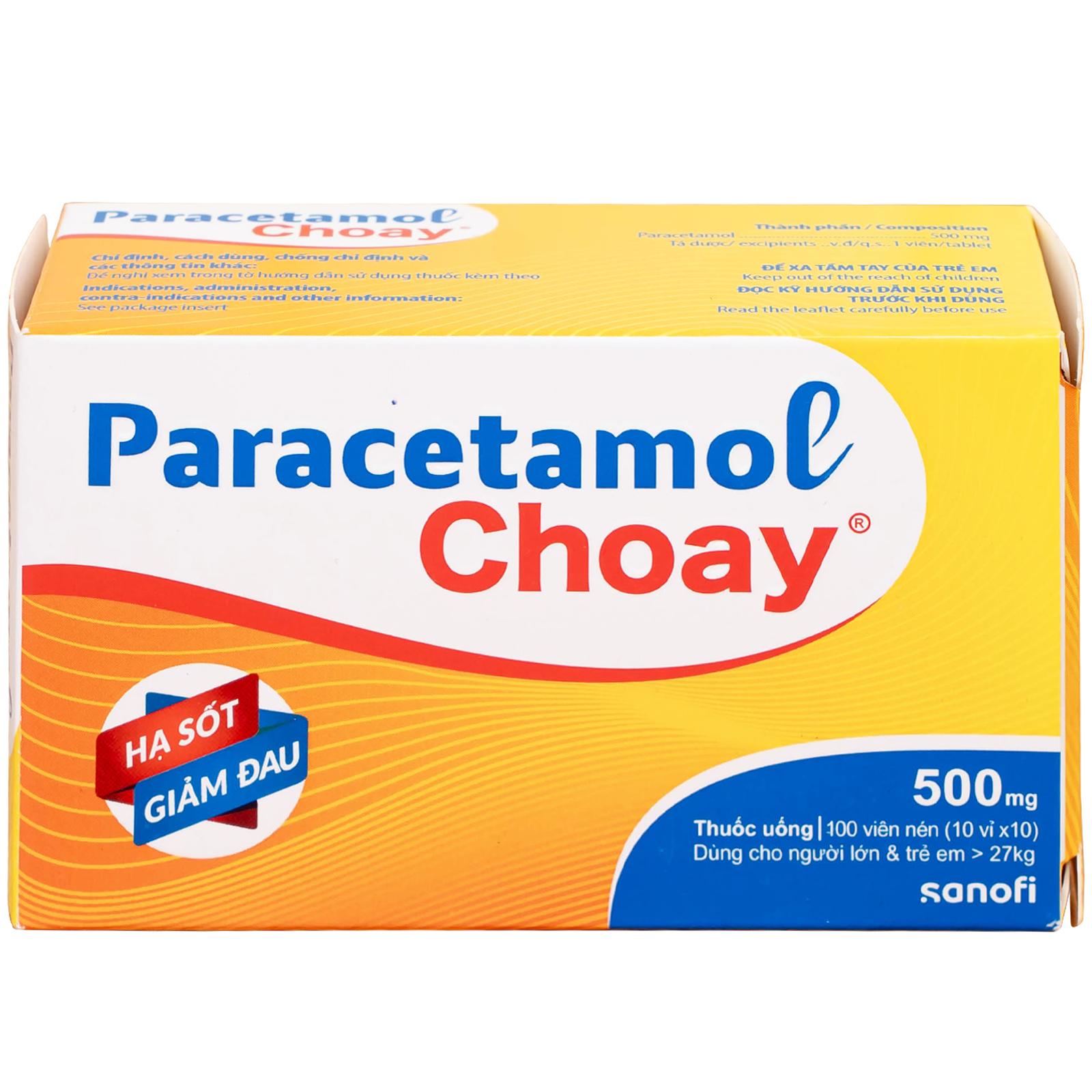 Viên nén Paracetamol Choay 500mg Sanofi điều trị triệu chứng đau từ nhẹ đến vừa, sốt (10 vỉ x 10 viên)