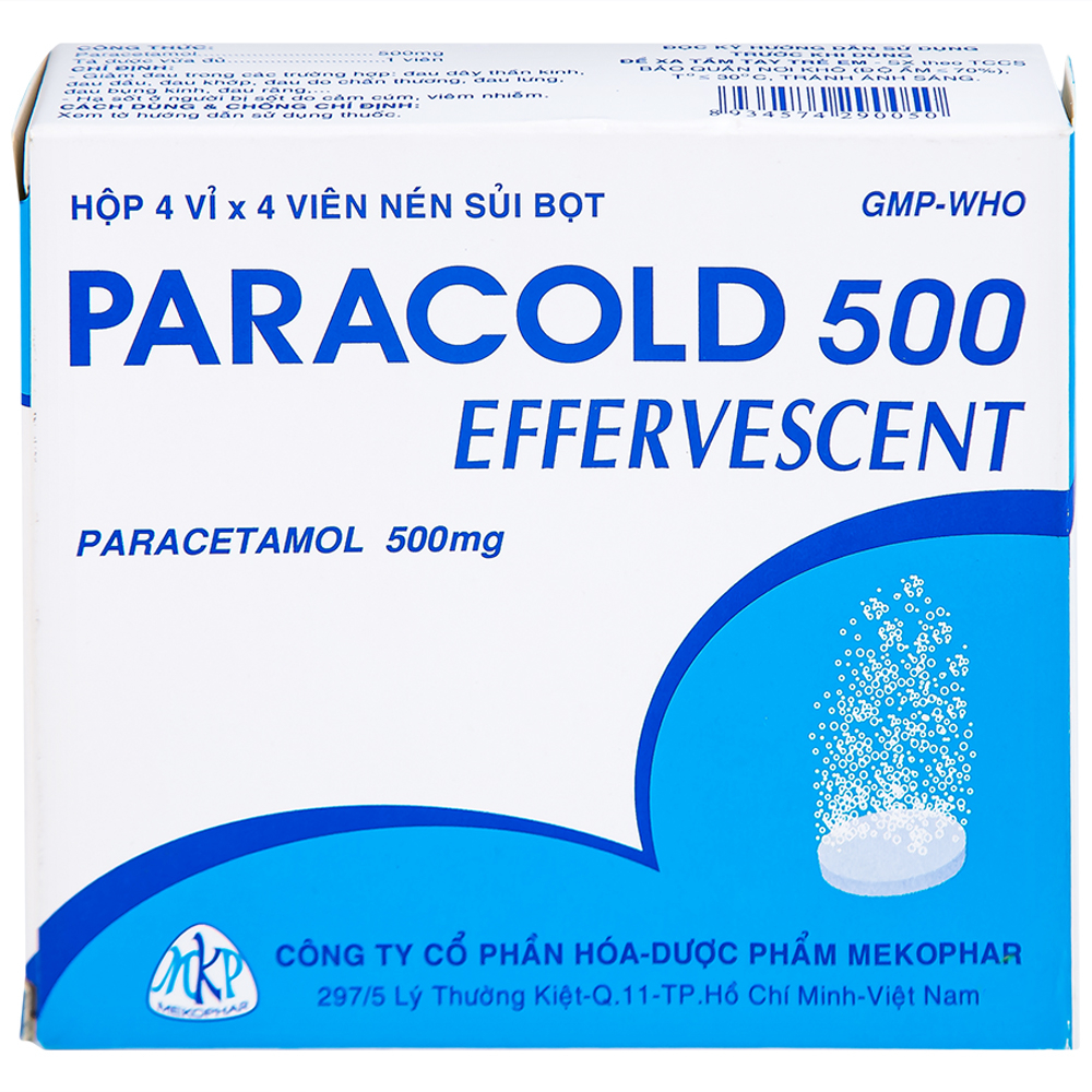 Viên sủi Paracold 500 Effervescent Mekophar giảm đau thần kinh, đau đầu, đau khớp (4 vỉ x 4 viên)