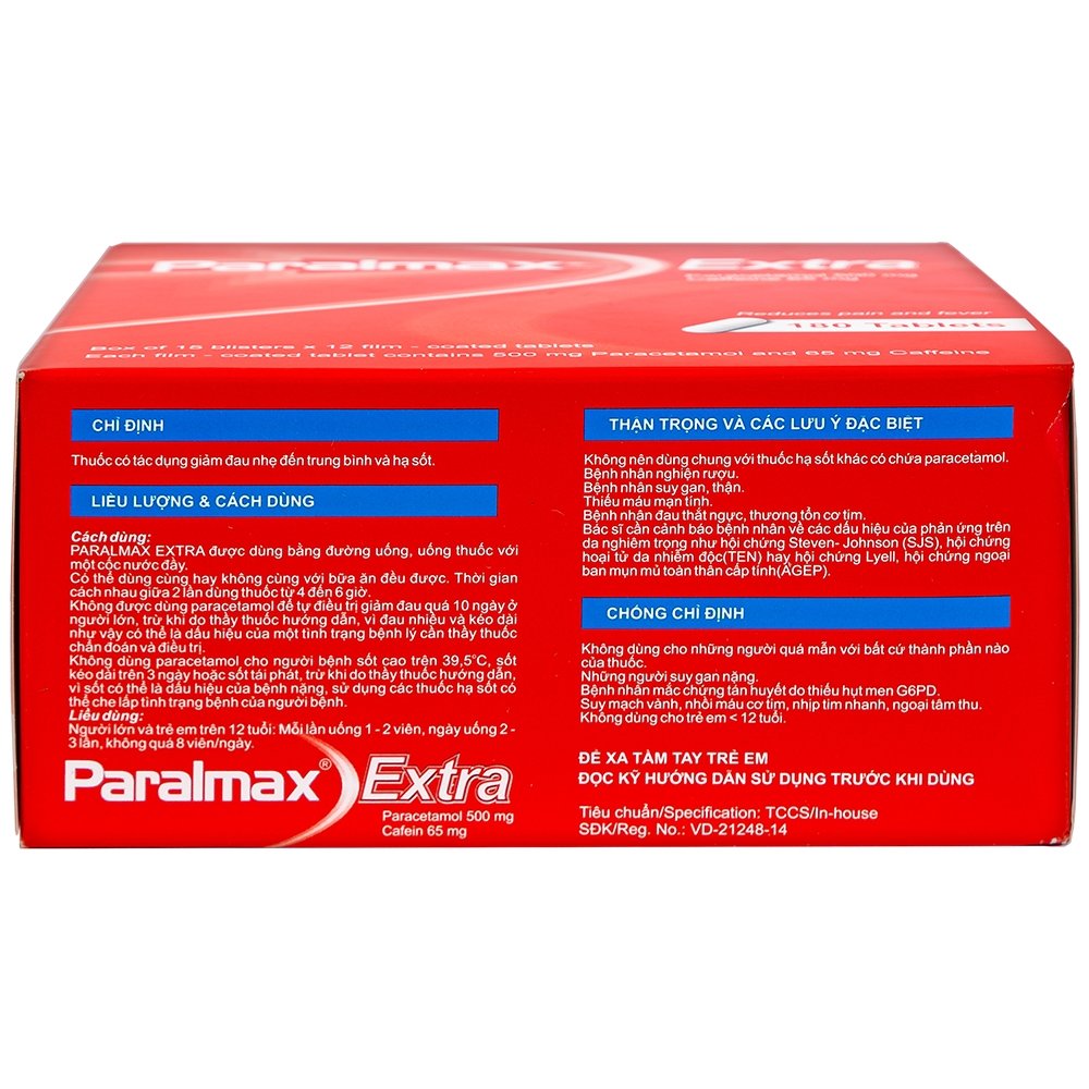 Viên nén Paralmax Extra 500mg/65mg Boston giảm đau nhẹ đến trung bình và hạ sốt  (15 vỉ x 12 viên)