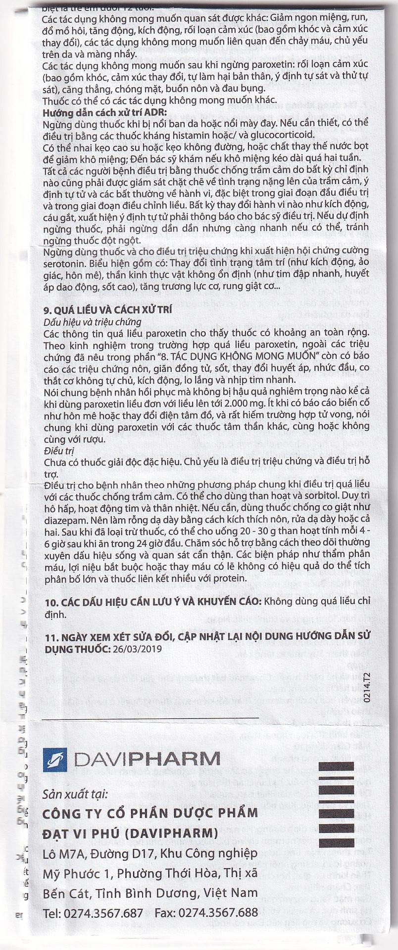 Viên nén Parokey 20mg DaViPharm điều trị trầm cảm, rối loạn ám ảnh cưỡng bức (3 vỉ x 10 viên) 