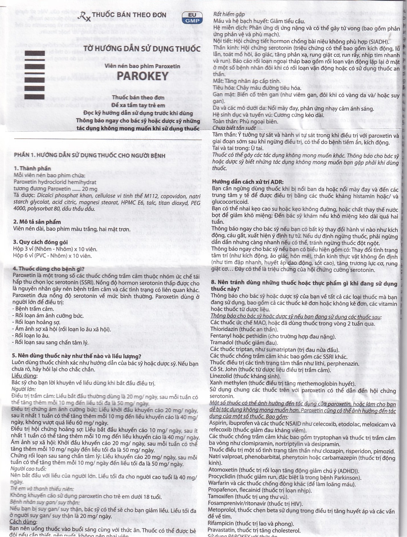 Viên nén Parokey 20mg DaViPharm điều trị trầm cảm, rối loạn ám ảnh cưỡng bức (3 vỉ x 10 viên) 