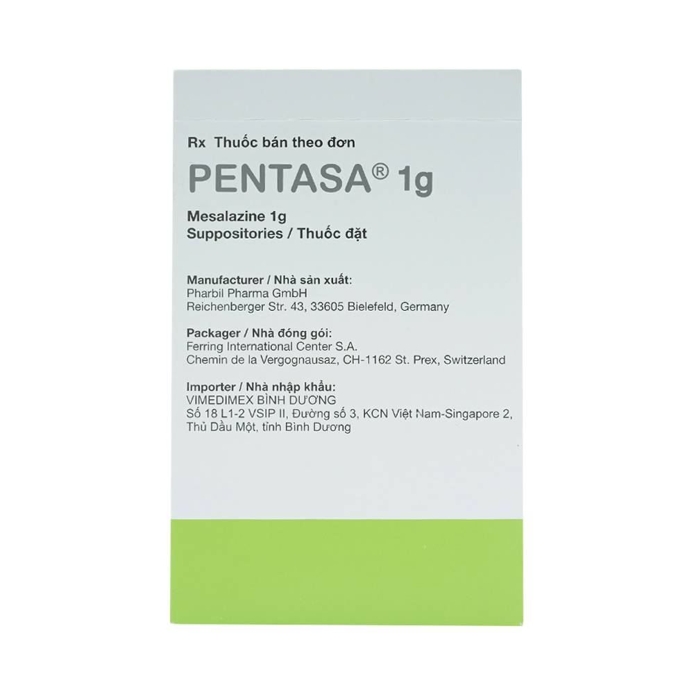 Viên đặt trực tràng Pentasa 1g Ferring điều trị viêm loét dạ dày, trực tràng (4 vỉ x 7 viên)