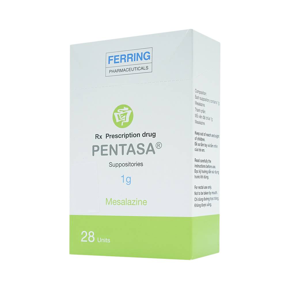 Viên đặt trực tràng Pentasa 1g Ferring điều trị viêm loét dạ dày, trực tràng (4 vỉ x 7 viên)