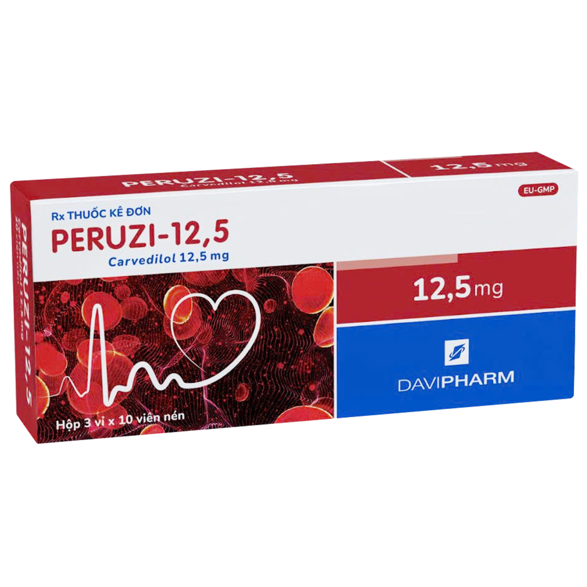 Viên nén Peruzi 12.5mg DaViPharm điều trị tăng huyết áp, đau thắt ngực (3 vỉ x 10 viên)